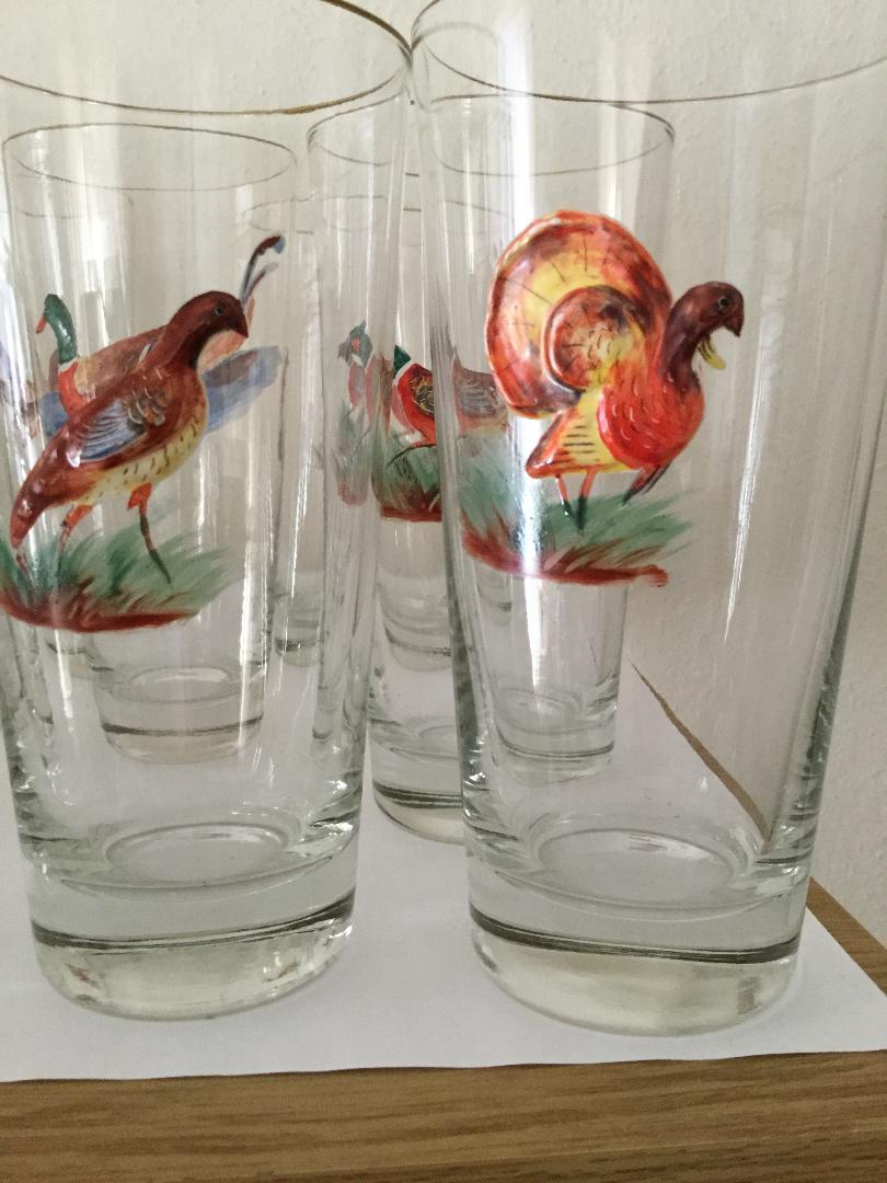 Set of 14 Tall Highball or Water Bar Glasses with Enameled Birds 1