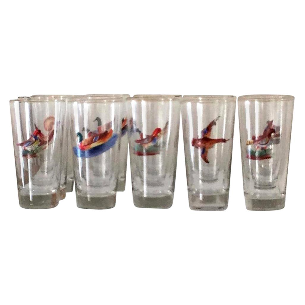 Set of 14 Tall Highball or Water Bar Glasses with Enameled Birds