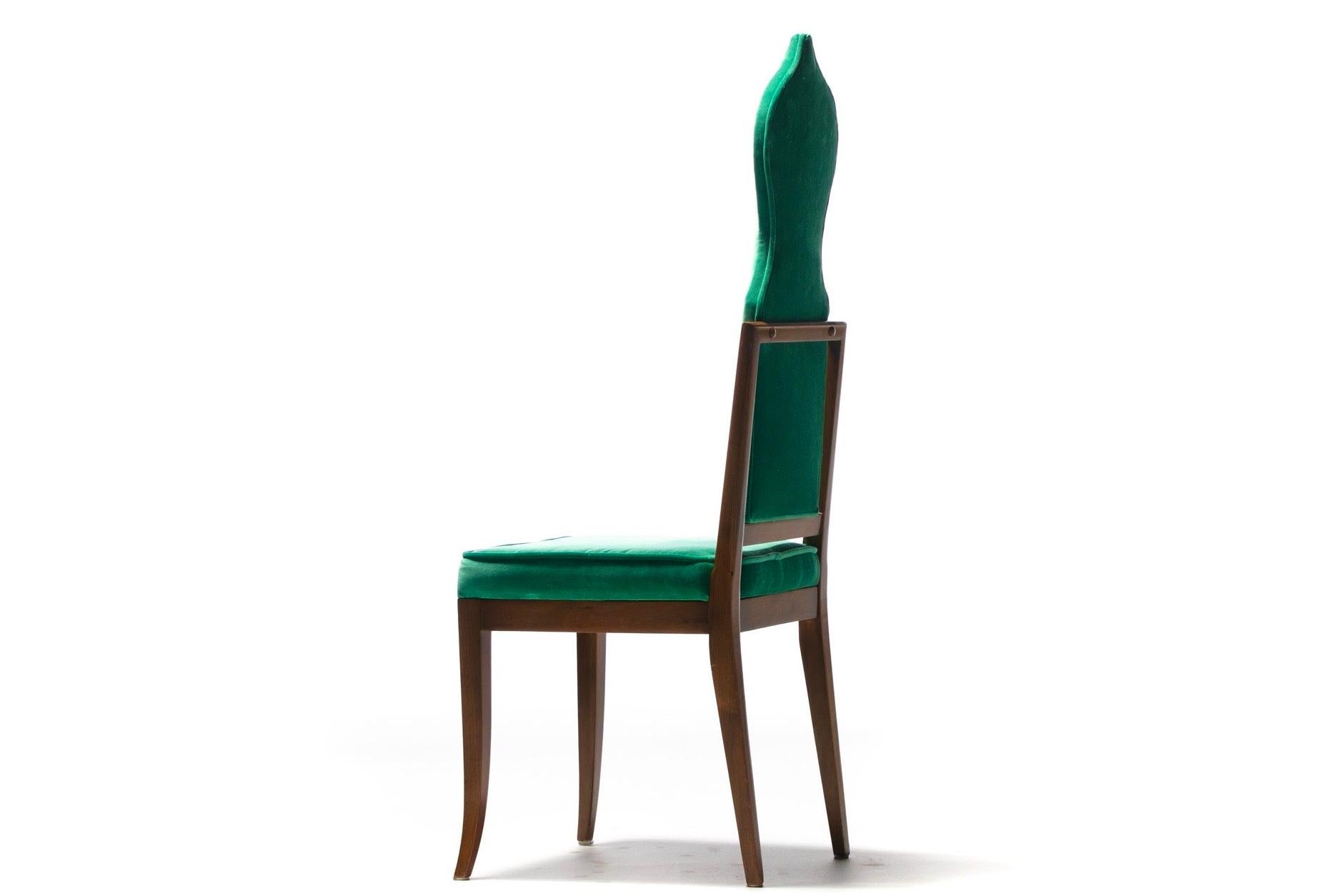 Set of 14 Tommi Parzinger Style Dining Chairs in Green Velvet with Walnut Frames For Sale 4