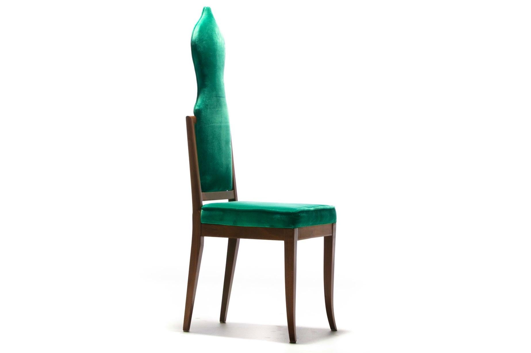 Set of 14 Tommi Parzinger Style Dining Chairs in Green Velvet with Walnut Frames For Sale 1
