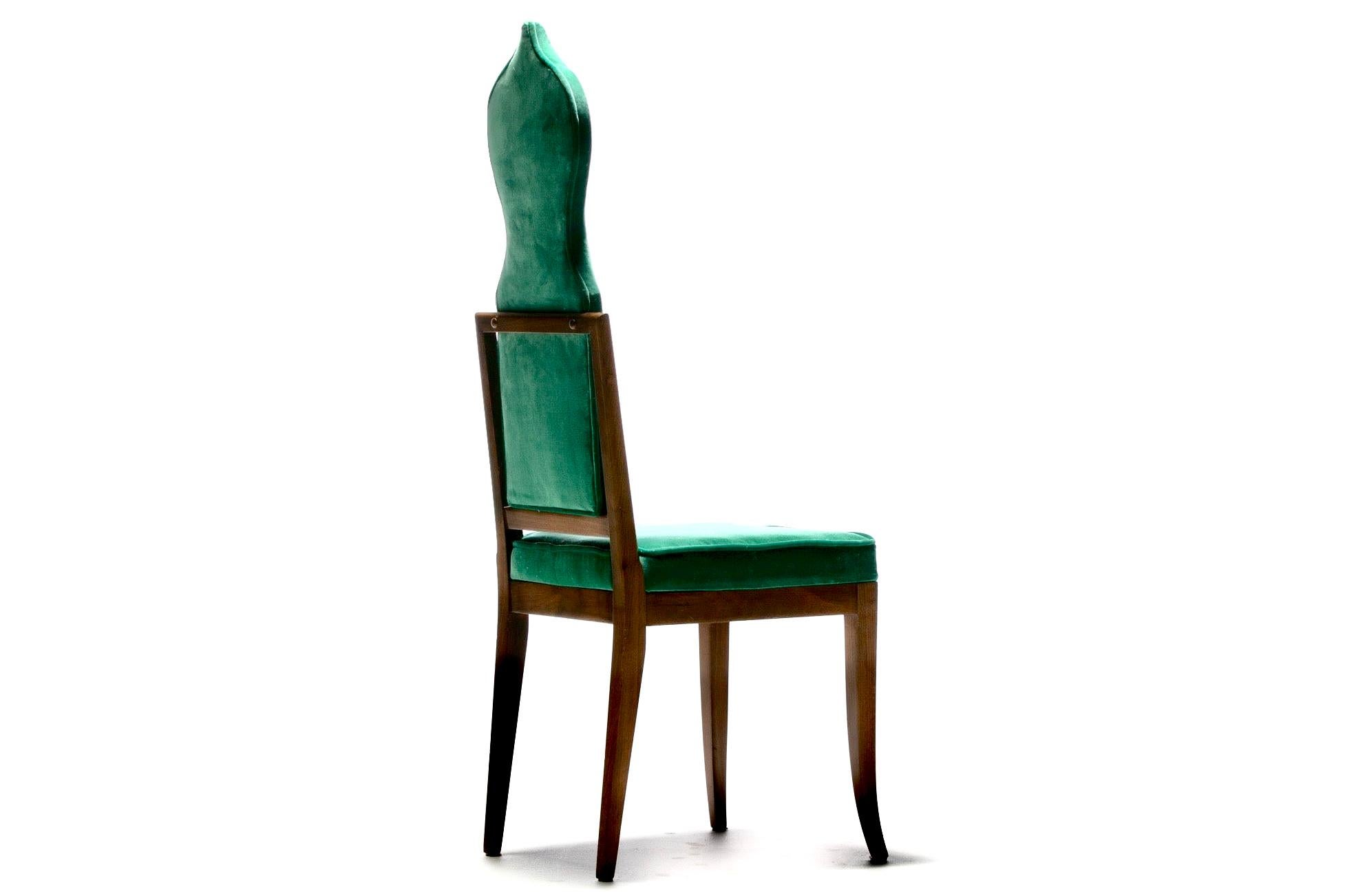 Set of 14 Tommi Parzinger Style Dining Chairs in Green Velvet with Walnut Frames For Sale 2