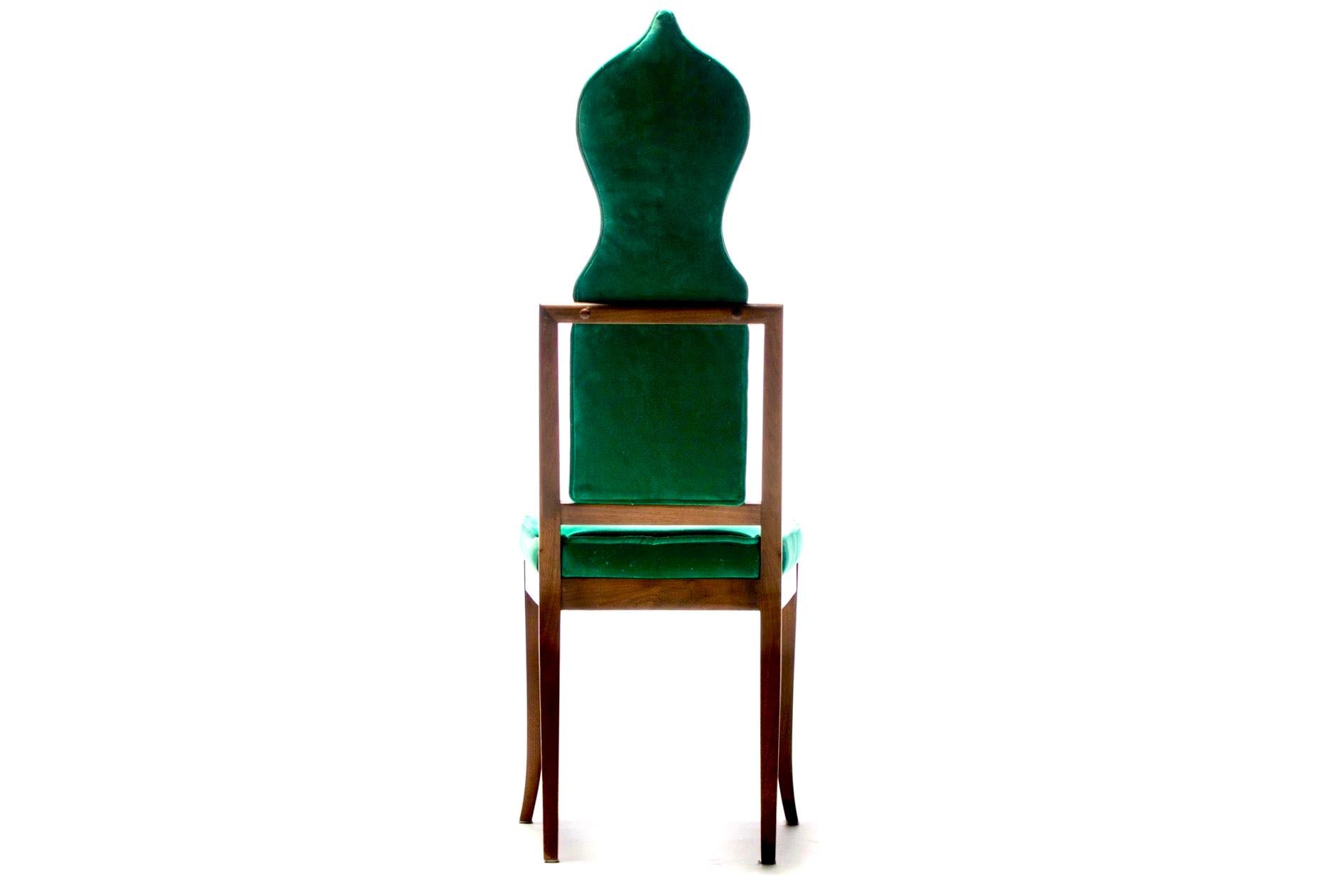 Set of 14 Tommi Parzinger Style Dining Chairs in Green Velvet with Walnut Frames For Sale 3