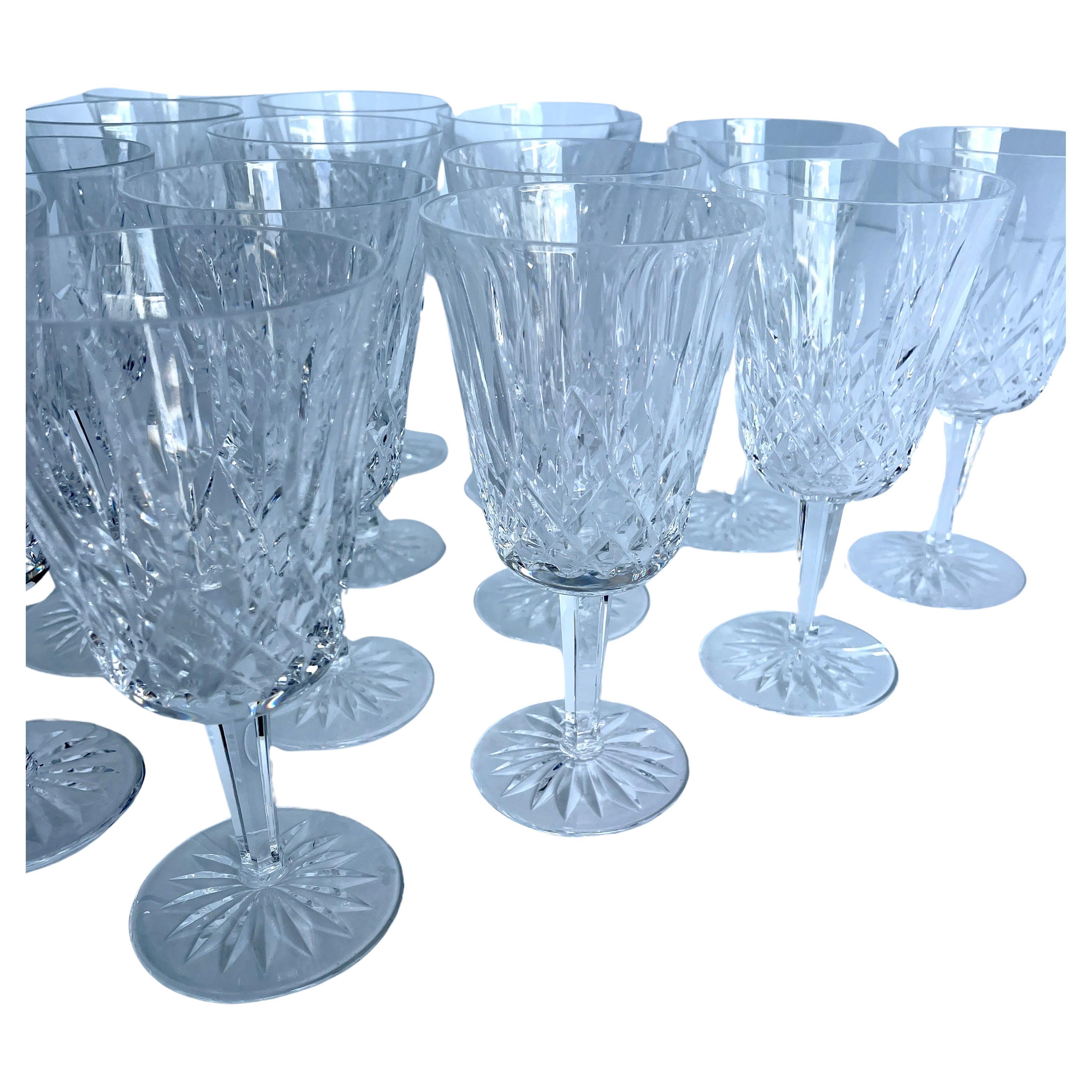 Hand-Crafted Set of 14 Vintage Lismore Waterford Crystal Goblet Water Wine Glasses, 1990s For Sale