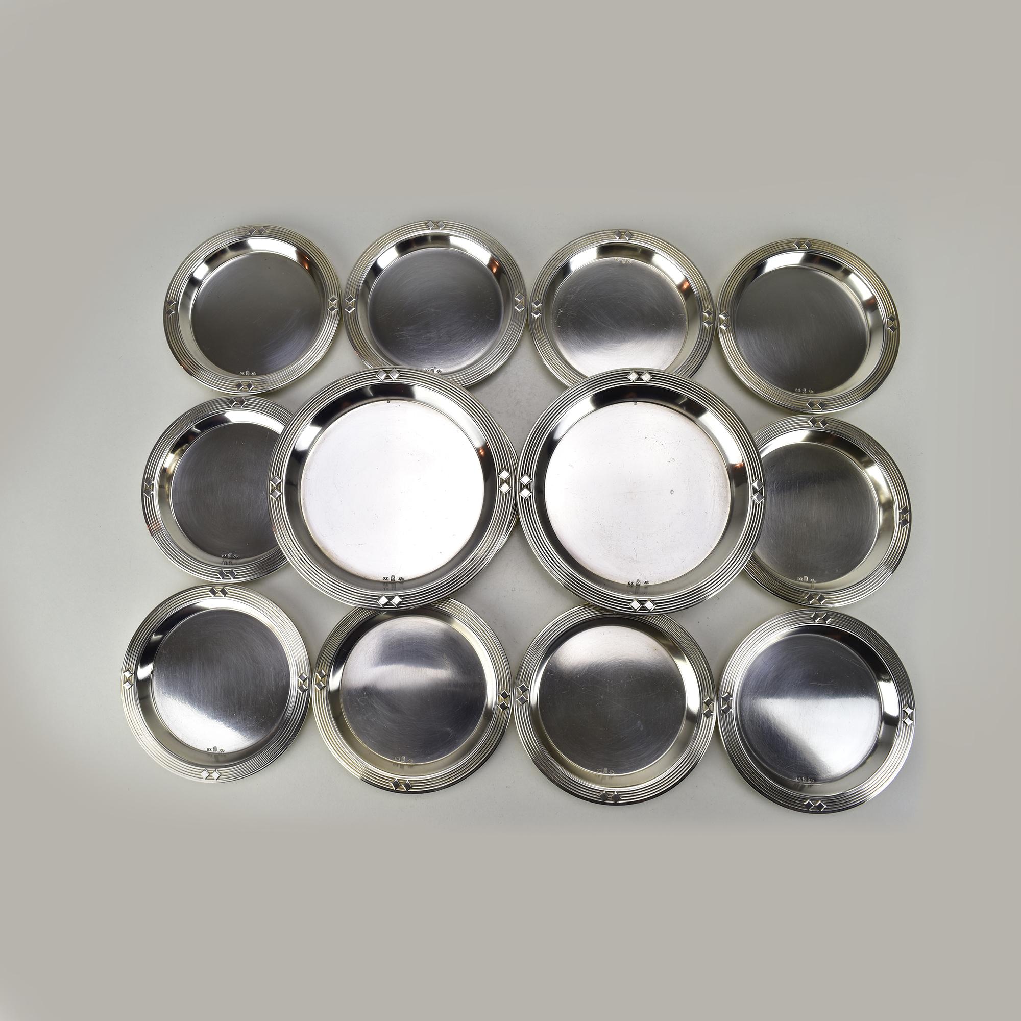 German Set of 14 WMF Silver Plated Bottle & Glass Coasters, Art Nouveau Secessionist