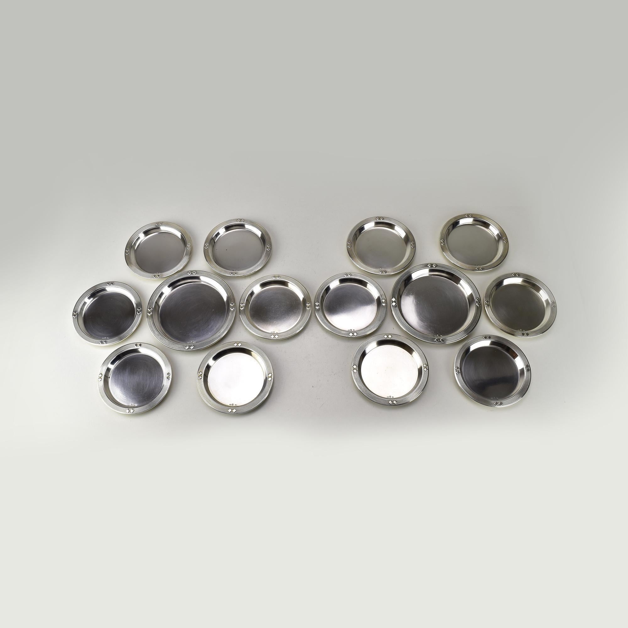 Early 20th Century Set of 14 WMF Silver Plated Bottle & Glass Coasters, Art Nouveau Secessionist