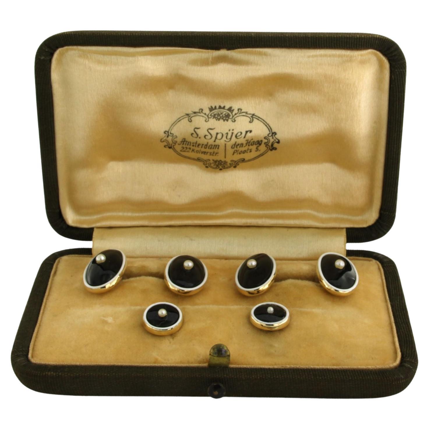Set of  14k gold cufflinks and collar buttons with white enamel, pearl and onyx