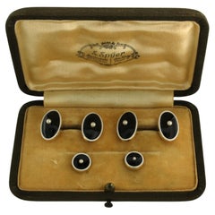 Set of  14k gold cufflinks and collar buttons with white enamel, pearl and onyx