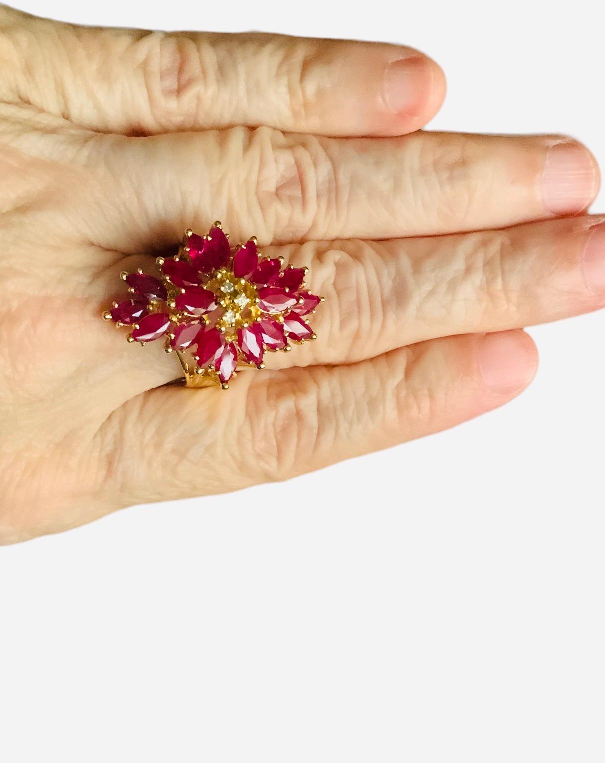 Set of 14k Yellow Gold Diamonds Rubies Cluster Ring / Pair of Earrings For Sale 6
