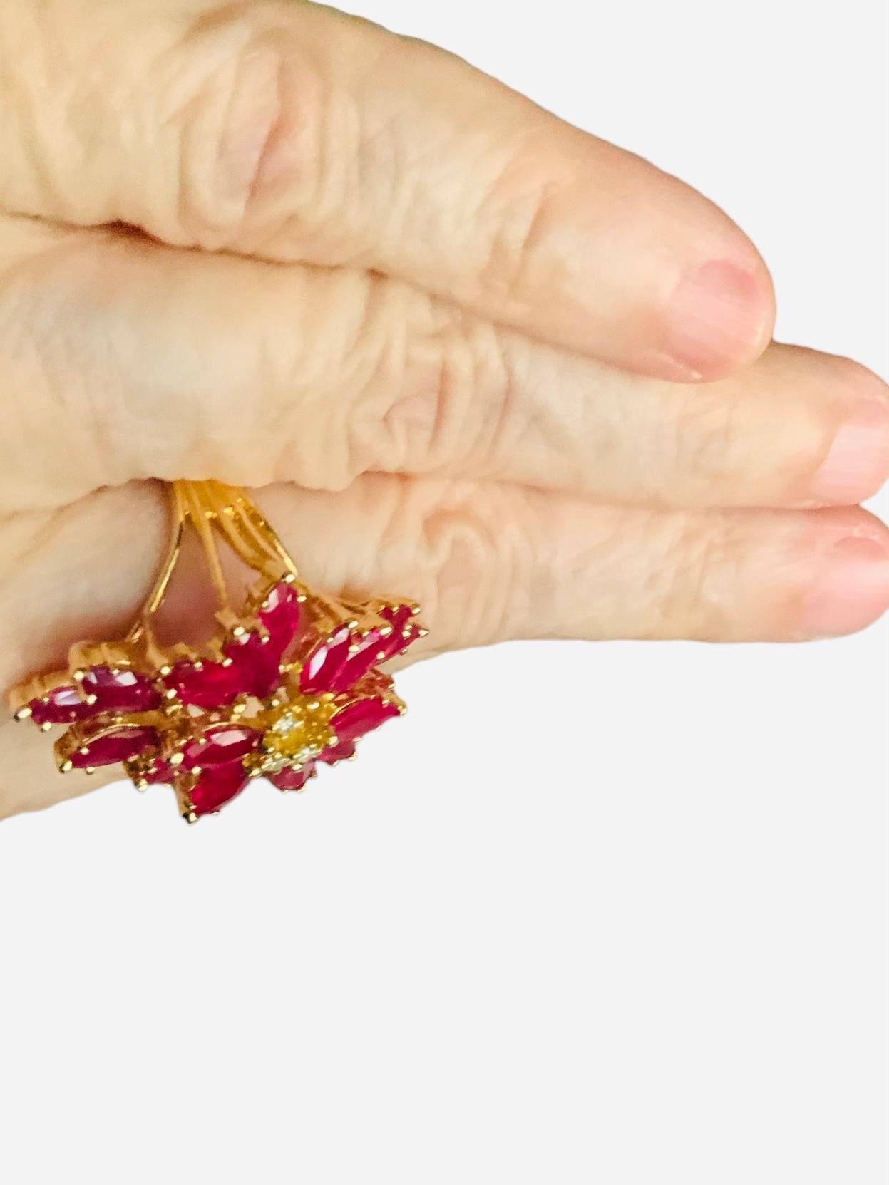 Set of 14k Yellow Gold Diamonds Rubies Cluster Ring / Pair of Earrings For Sale 9