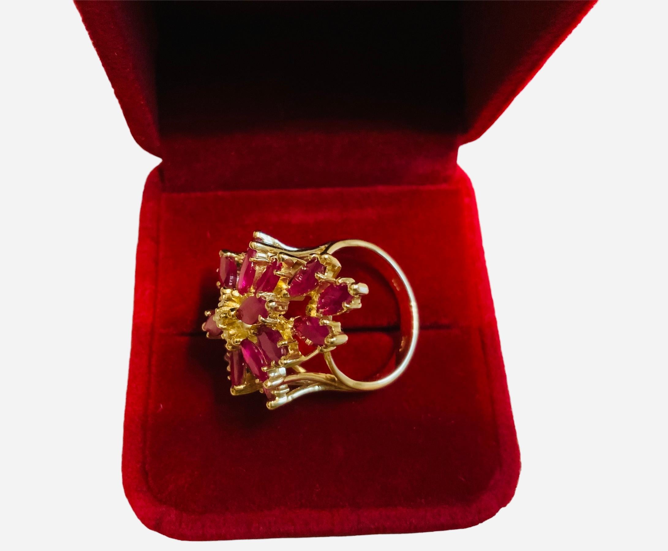 Set of 14k Yellow Gold Diamonds Rubies Cluster Ring / Pair of Earrings For Sale 10