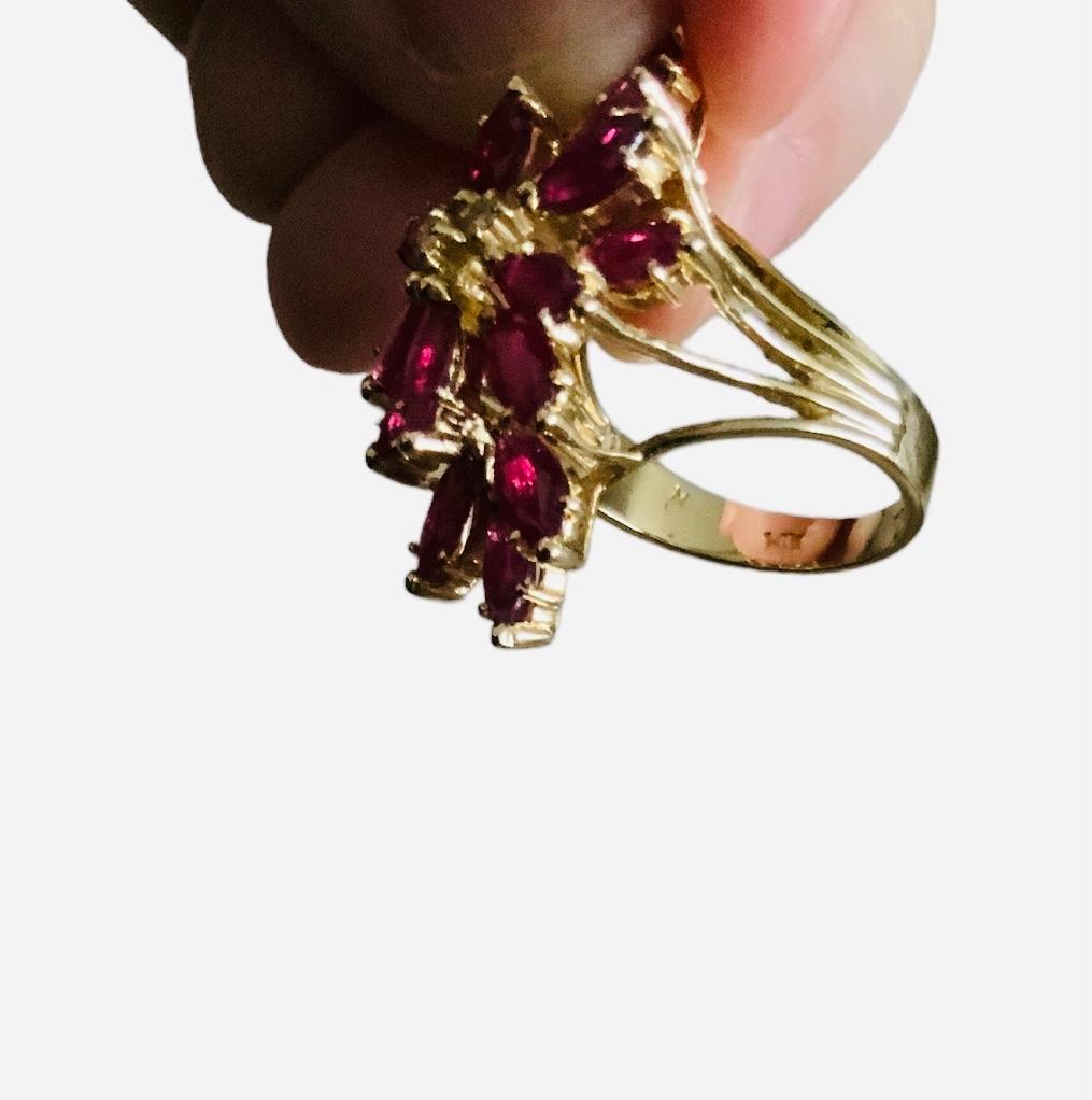 Pear Cut Set of 14k Yellow Gold Diamonds Rubies Cluster Ring / Pair of Earrings For Sale