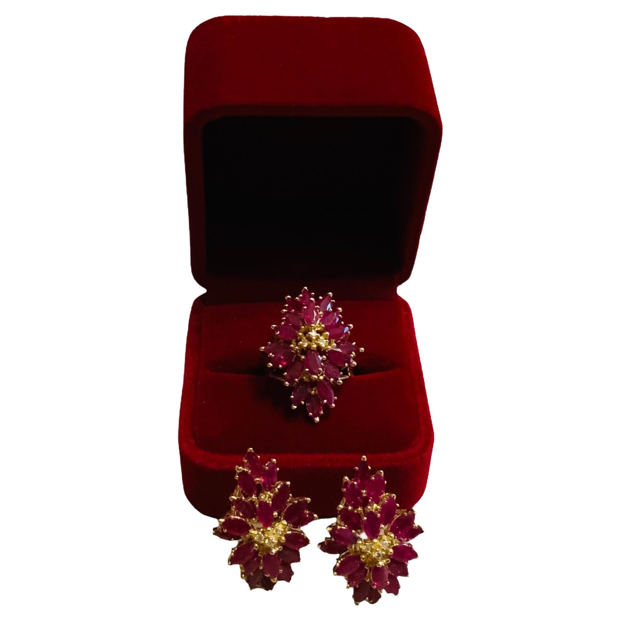 Set of 14k Yellow Gold Diamonds Rubies Cluster Ring / Pair of Earrings For Sale