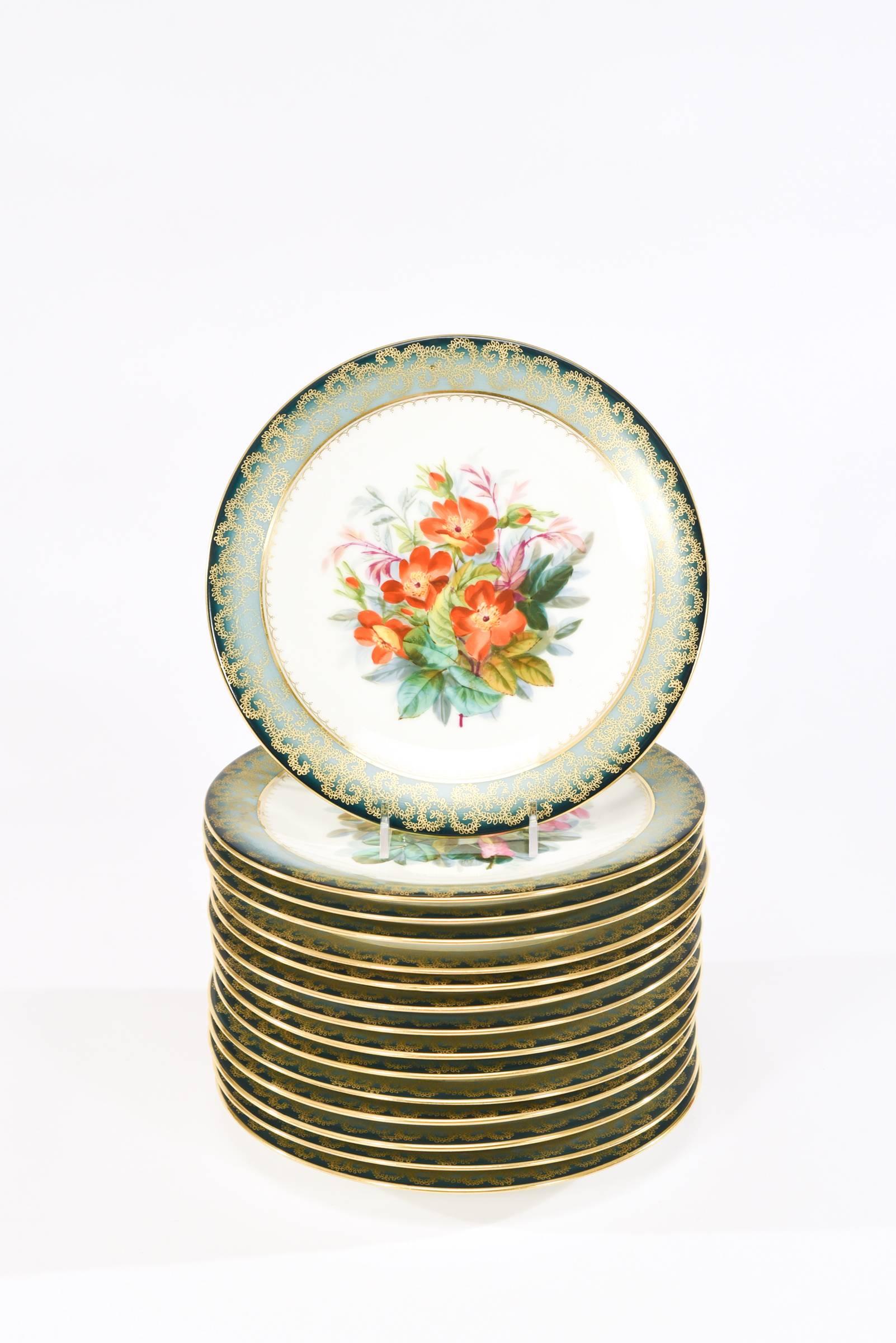Hand-Painted Set of 15 Aesthetic Movement Hand Painted Dessert Plates Plates w/ Botanicals For Sale