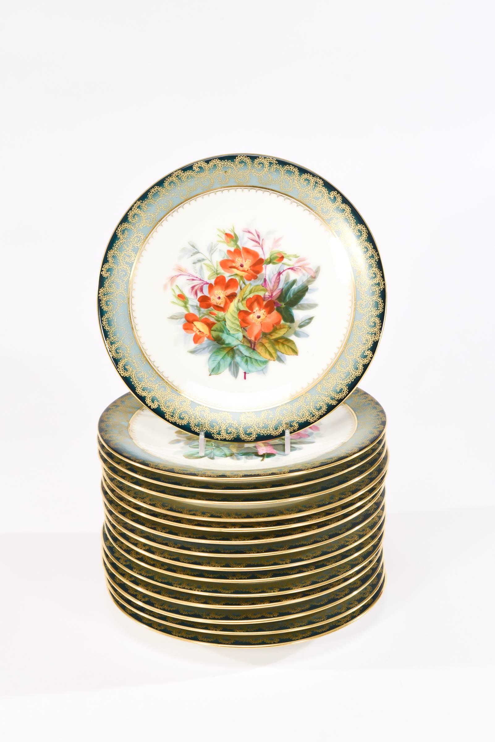 Set of 15 Aesthetic Movement Hand Painted Dessert Plates Plates w/ Botanicals In Excellent Condition For Sale In Great Barrington, MA