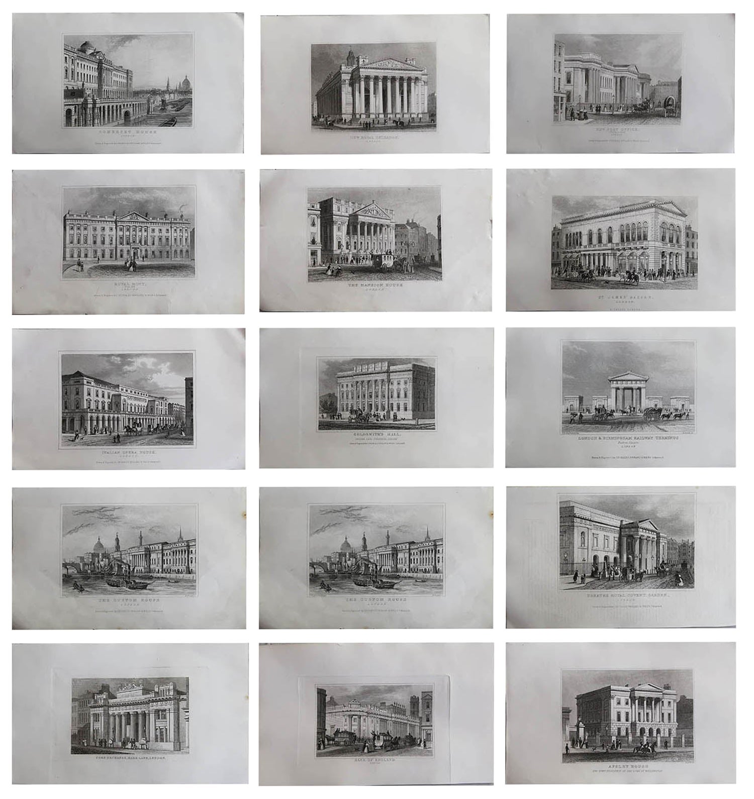 Set of 15 Antique Architectural Prints, London Buildings, circa 1840