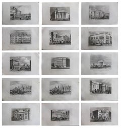 Ensemble de 15 gravures anciennes d'architecture, bâtiments de Londres, vers 1840