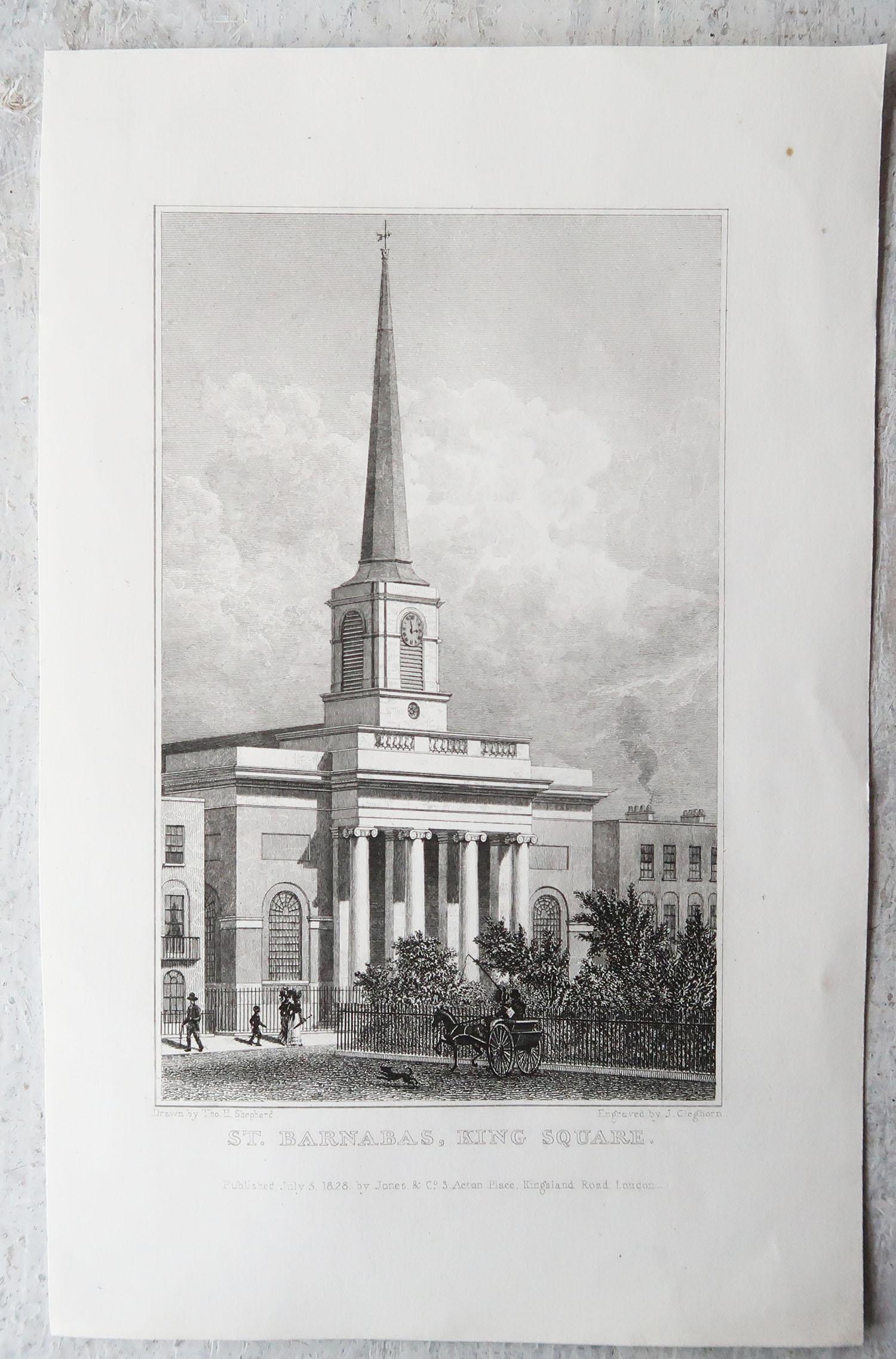Georgian Set of 15 Antique Architectural Prints of London Churches, 1828