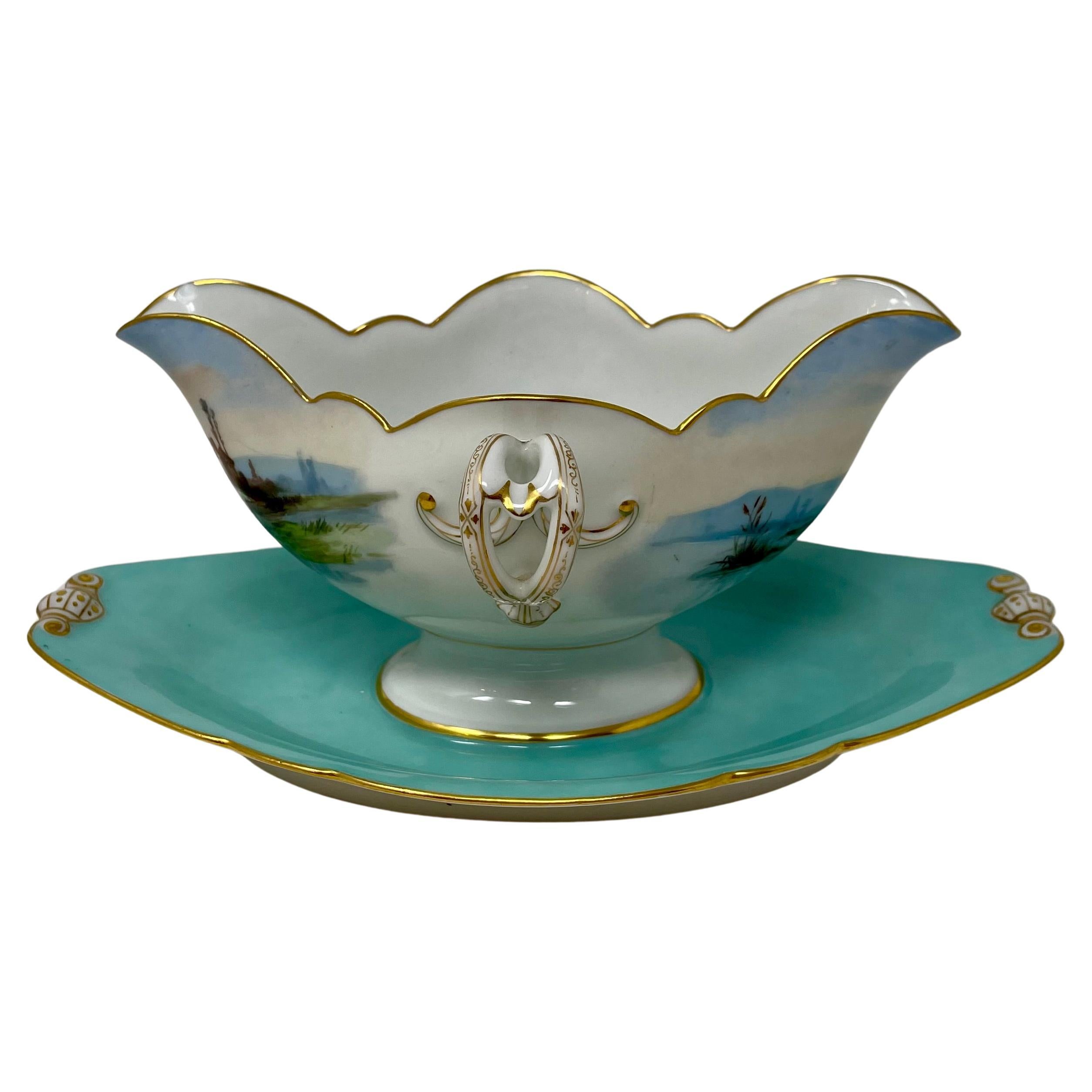 Ensemble de 15 poissons anciens continentaux en porcelaine bleu aqua et or, vers 1890. en vente 1