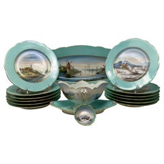 Set of 15 Antique Continental Hand-Painted Pale Blue Porcelain Fish Set, C. 1890