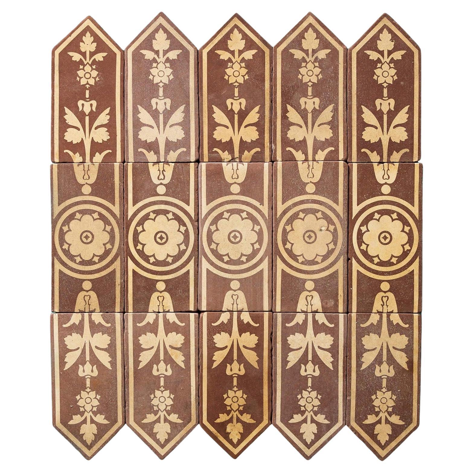 Set of 15 Antique Floral Encaustic Tiles by Campbell Tile Co