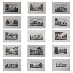 Set of 15 Antique Prints of English Country Houses and Gardens, 1829