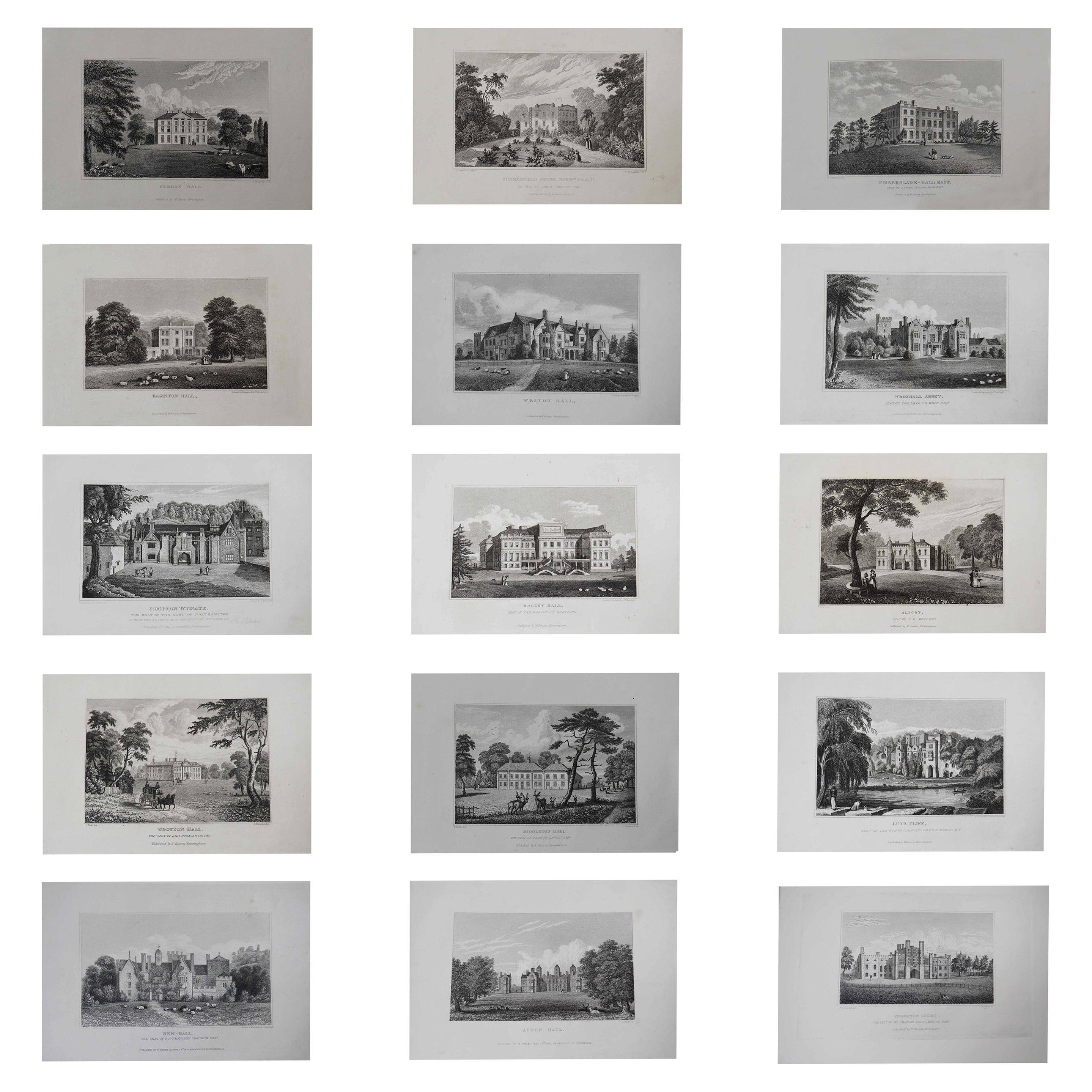 Set of 15 Antique Prints of English Country Houses and Gardens, 1829