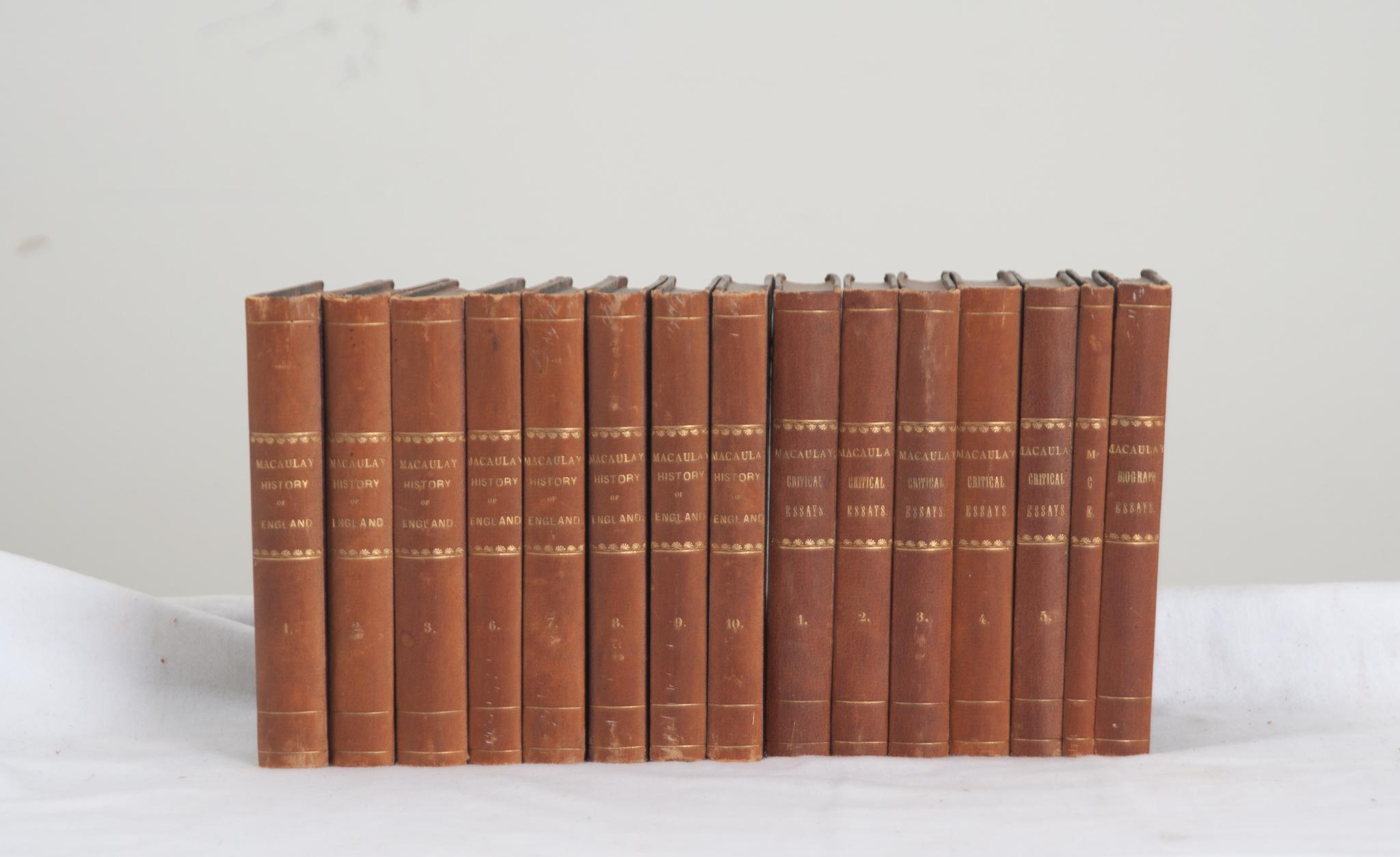 A fifteen volume collection of the Collection of British Authors. This set of books is bound in wrapped paper with gold lettering stating the author, title, and respective volume. Written in France from 1850, this set details the history of England.