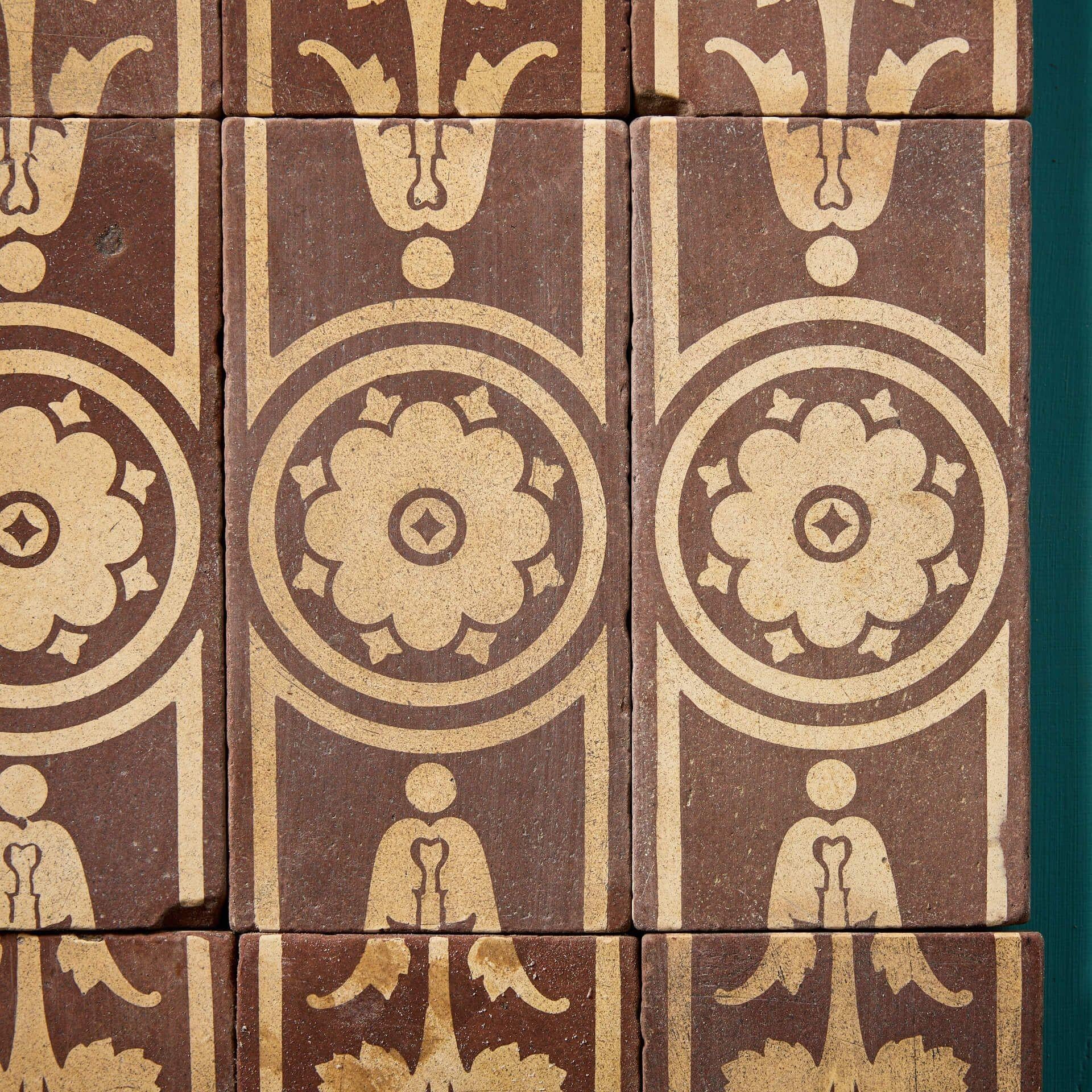 English Set of 15 Campbell Tile Co Buff & Brown Encaustic Tiles For Sale