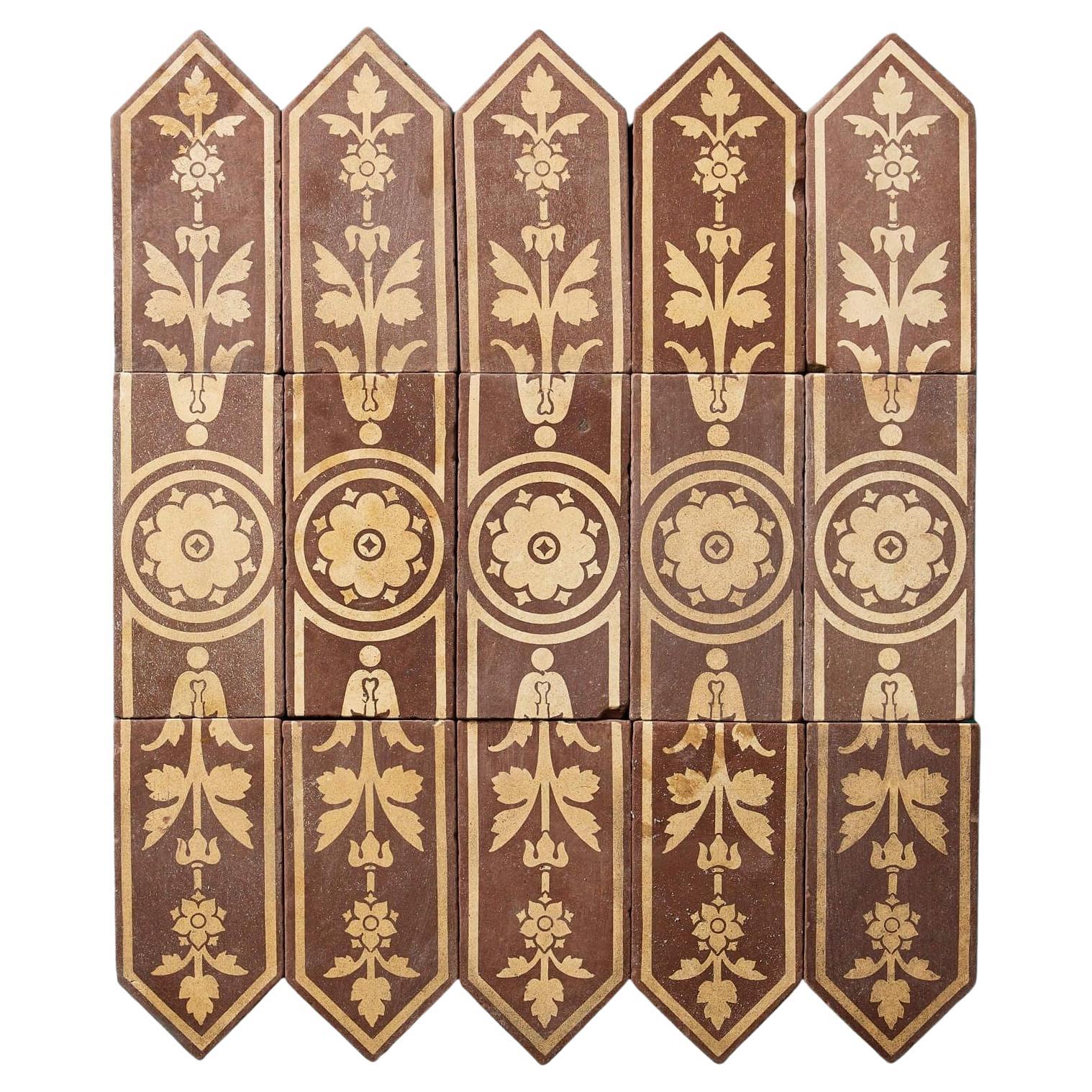 Set of 15 Campbell Tile Co Buff & Brown Encaustic Tiles For Sale