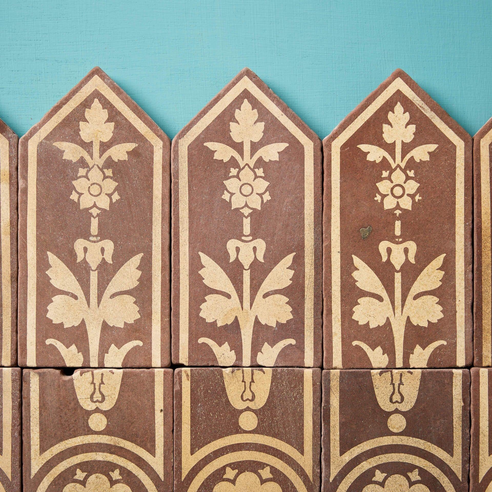 Victorian Set of 15 Campbell Tile Co Floral Buff & Brown Encaustic Tiles For Sale