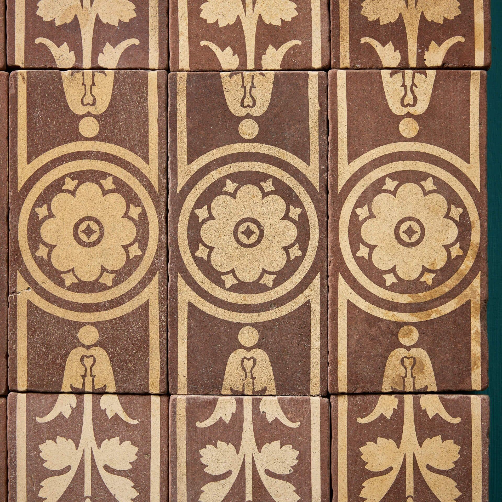 English Set of 15 Campbell Tile Co Floral Buff & Brown Encaustic Tiles For Sale