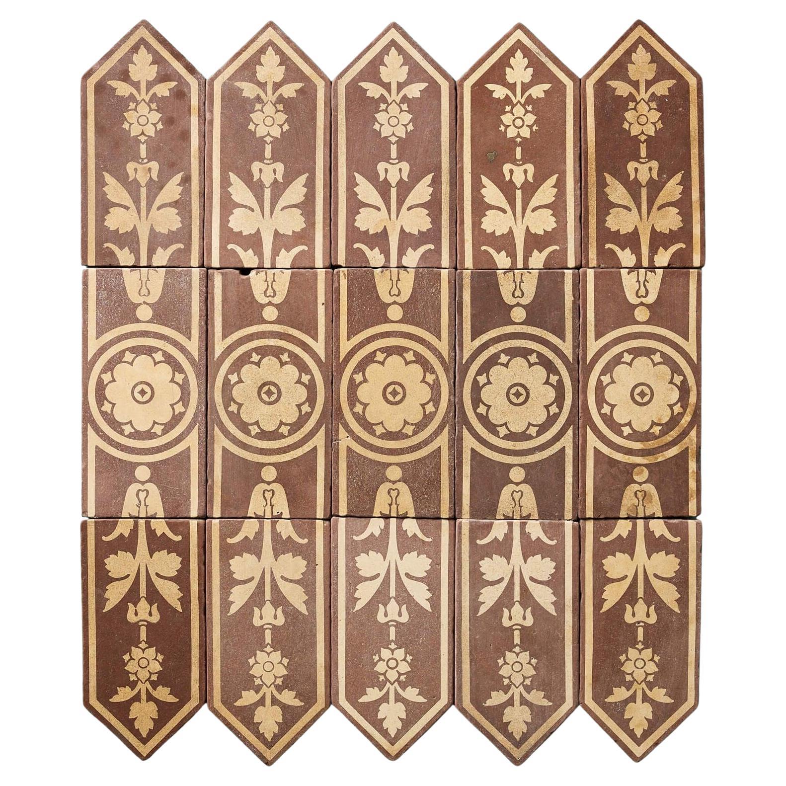 Set of 15 Campbell Tile Co Floral Buff & Brown Encaustic Tiles For Sale
