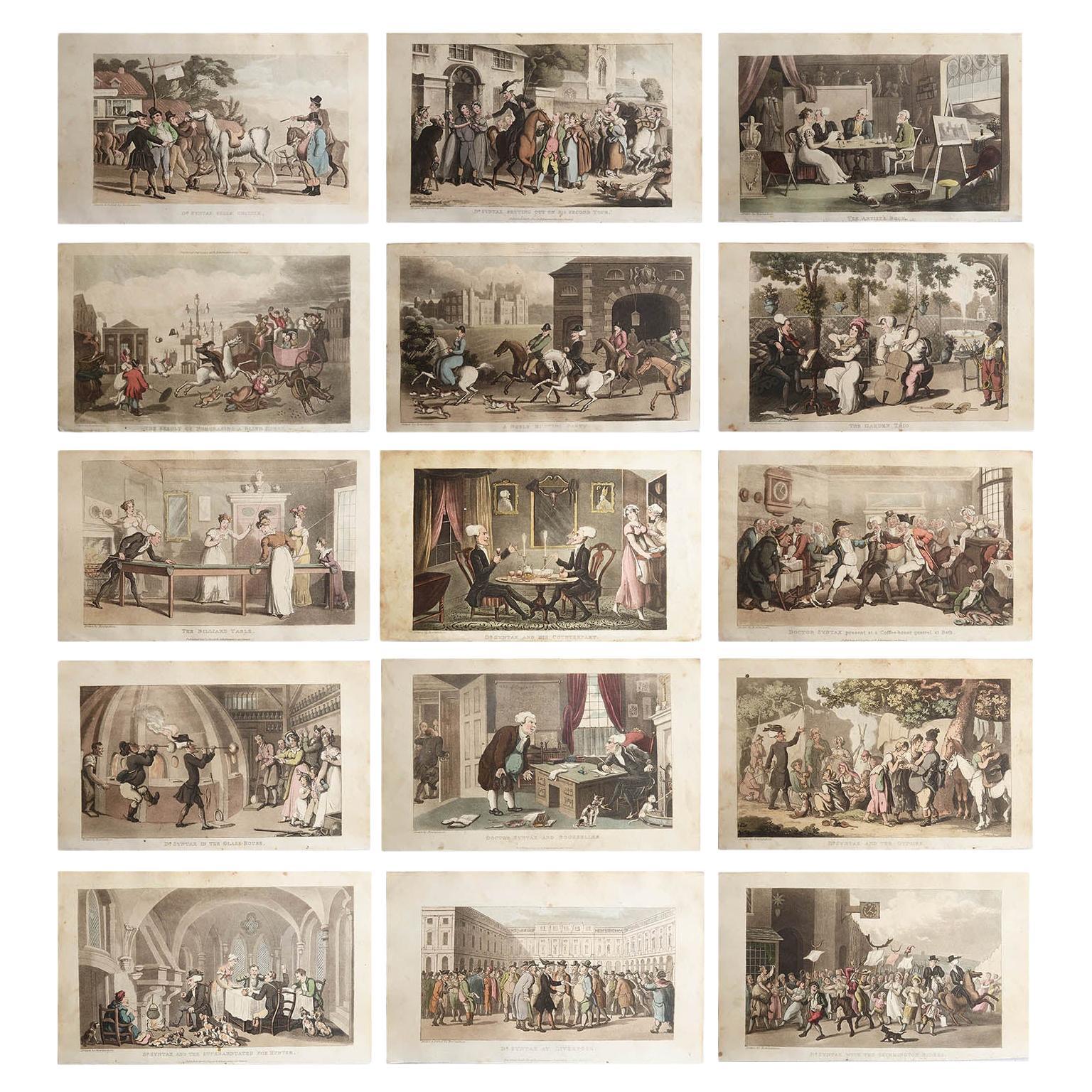 Set di 15 stampe antiche originali di Thomas Rowlandson. Datato 1819