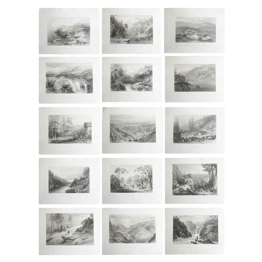 Set di 15 stampe antiche originali dell'Himalaya, India, circa 1830