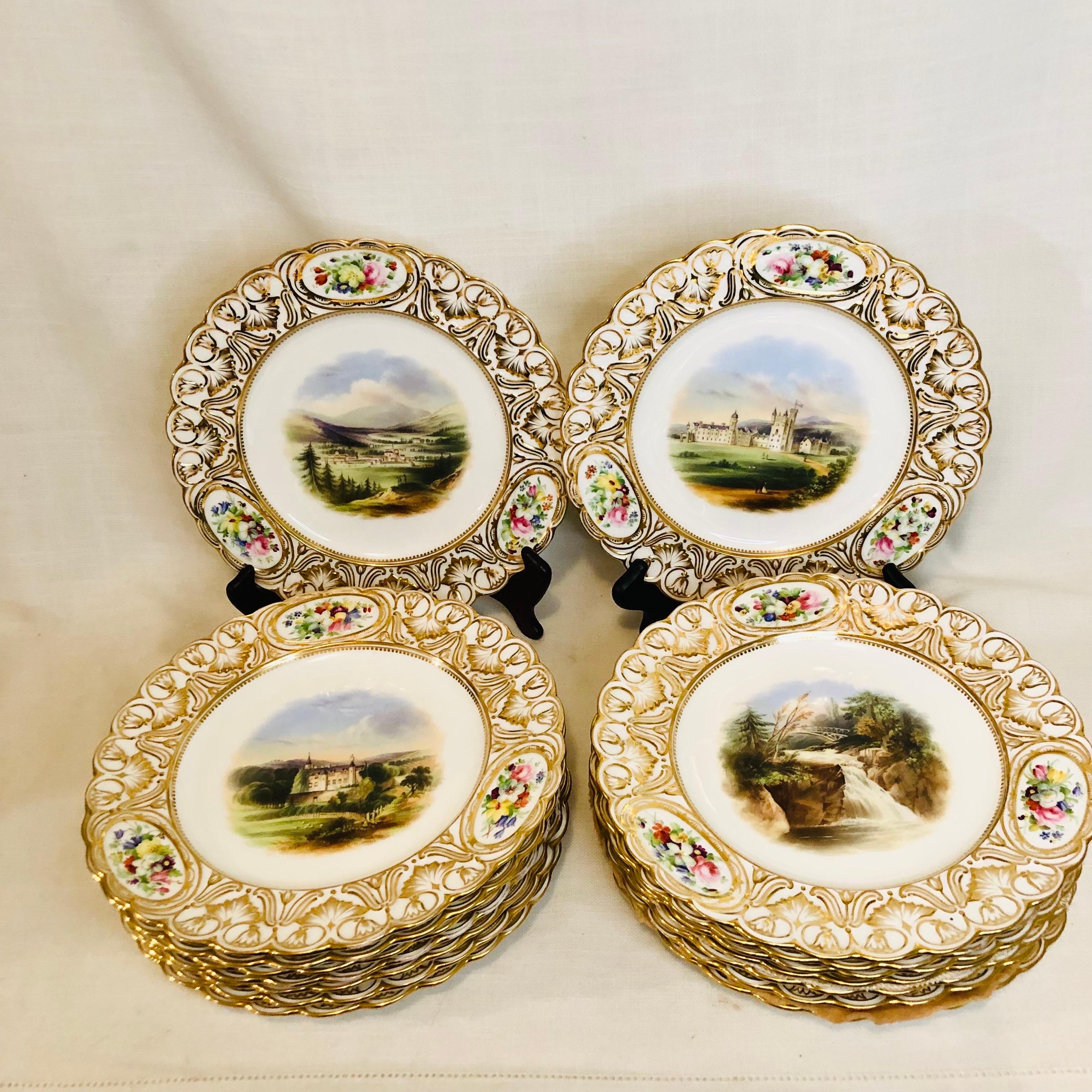 I want to offer you this rare exquisite set of sixteen Coalport plates Each plate is painted with beautiful scenery of different castles, churches, palaces, lochs, valleys and bridges, each with the title of the painting on the back of each plate.