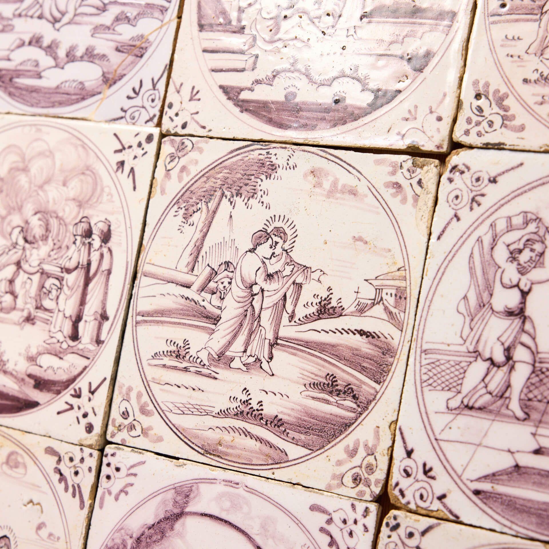 English Set of 16 Antique Delft Tiles Depicting Biblical Scenes For Sale