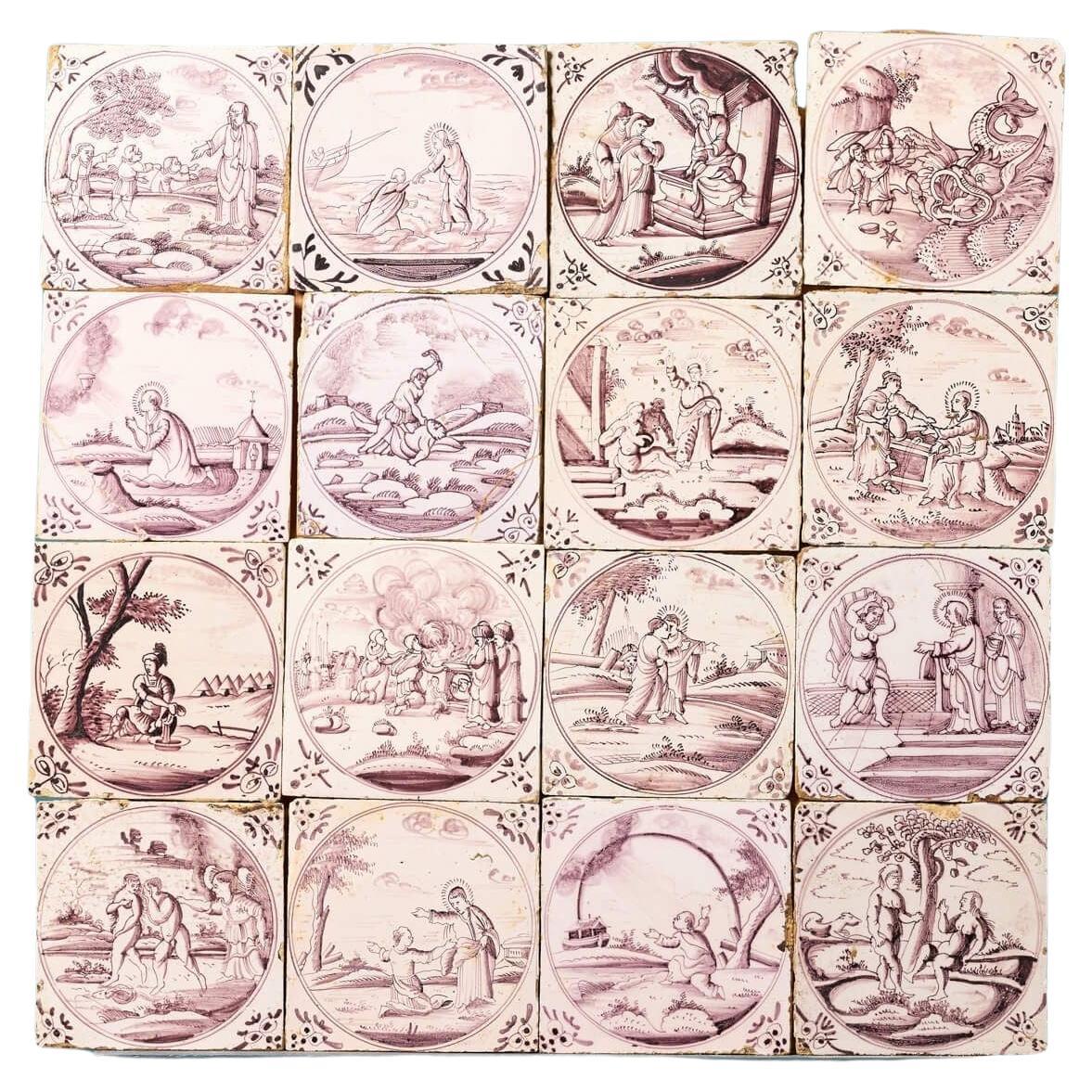 Set of 16 Antique Delft Tiles Depicting Biblical Scenes For Sale