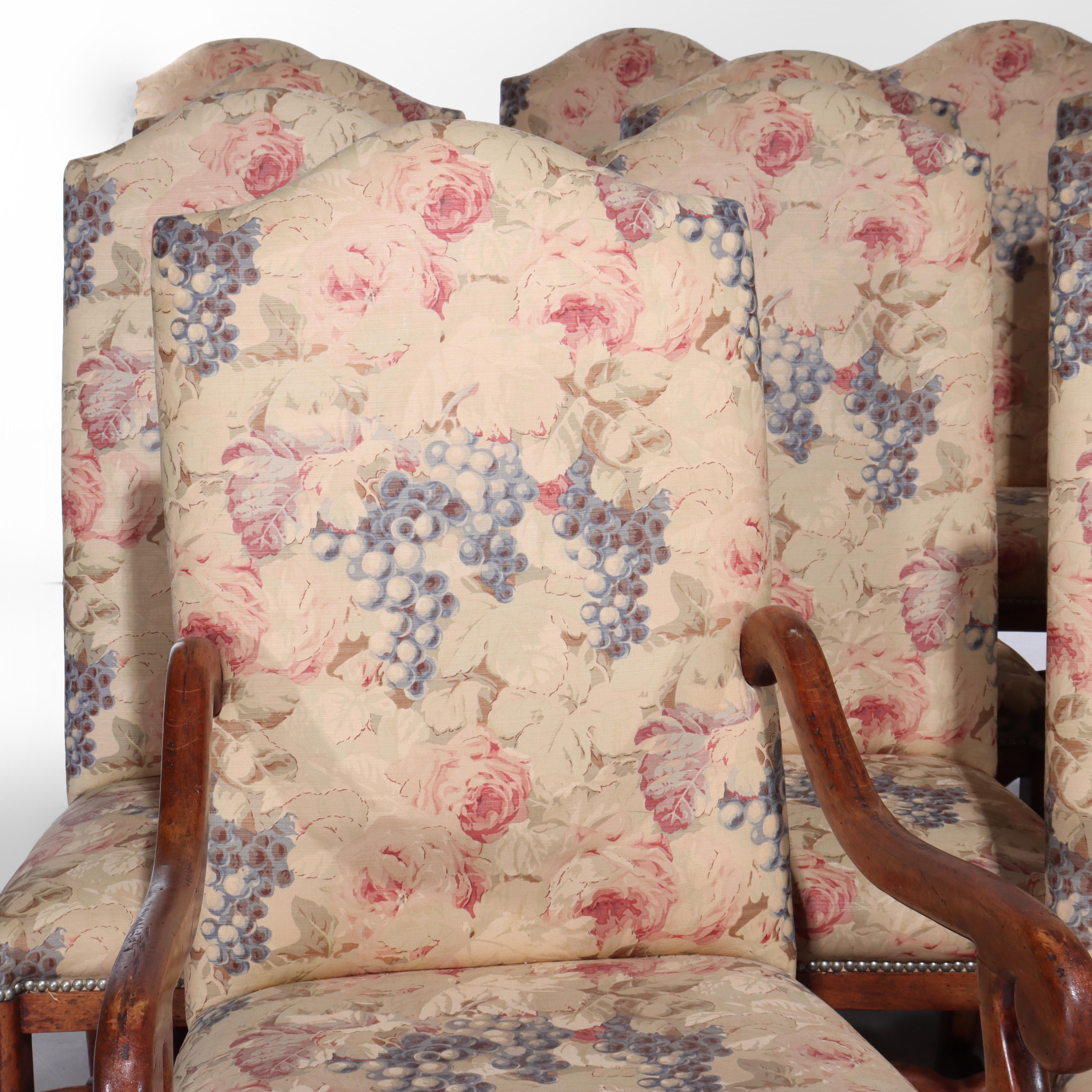 Wood Set of 16 Antique Edwardian Walnut Upholstered Dining Chairs Unsigned 19thC For Sale
