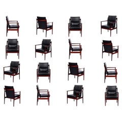 Set of 16 Arne Vodder Black Leather Armchairs