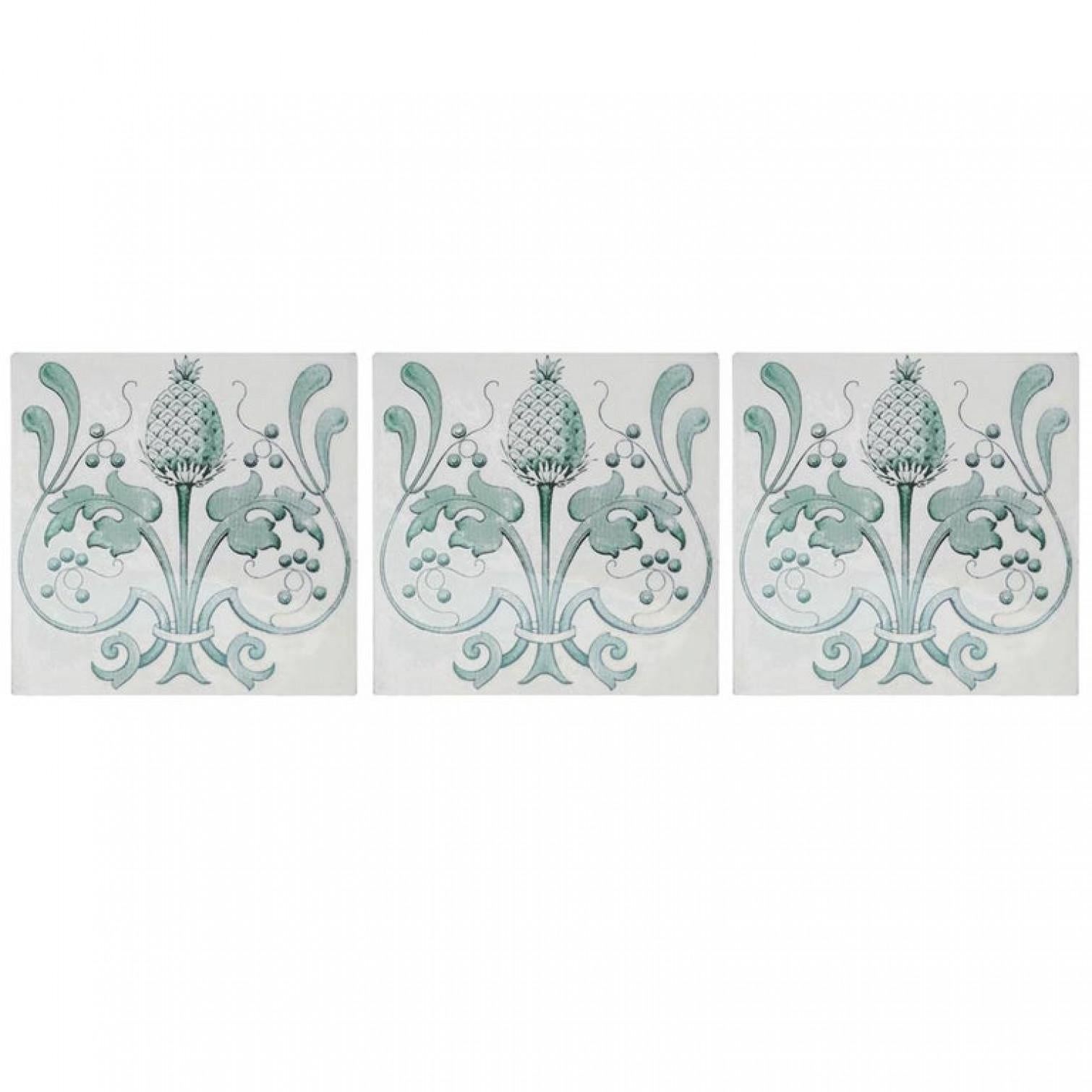 A unique and antique set of 16 Art Nouveau handmade tiles. Manufactured in Belgium, around 1920. A beautiful pattern and color (green). These tiles would be charming displayed on easels, framed or incorporated into a custom tile design.

Size each