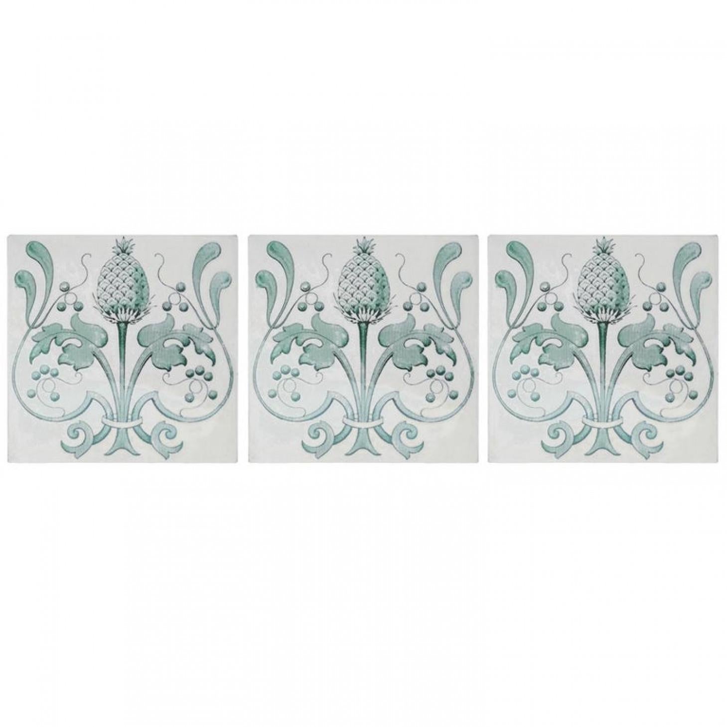 A unique and antique set of 16 Art Nouveau handmade tiles. Manufactured in Belgium, around 1920. A beautiful pattern and color (green). These tiles would be charming displayed on easels, framed or incorporated into a custom tile design.

Size each
