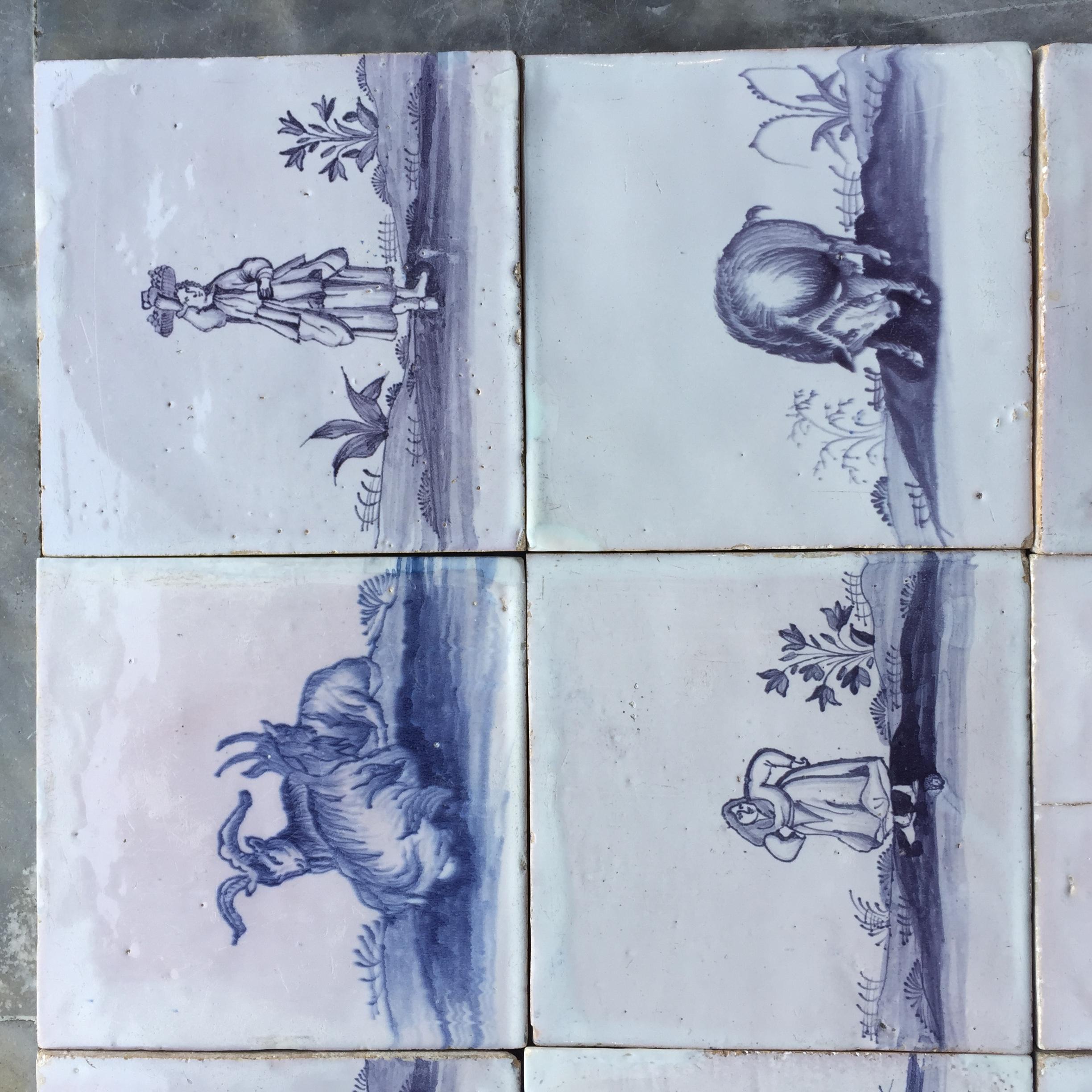 Baroque Set of 16 Blue and White Delft Tiles with Animals and Figures, 18th Century For Sale