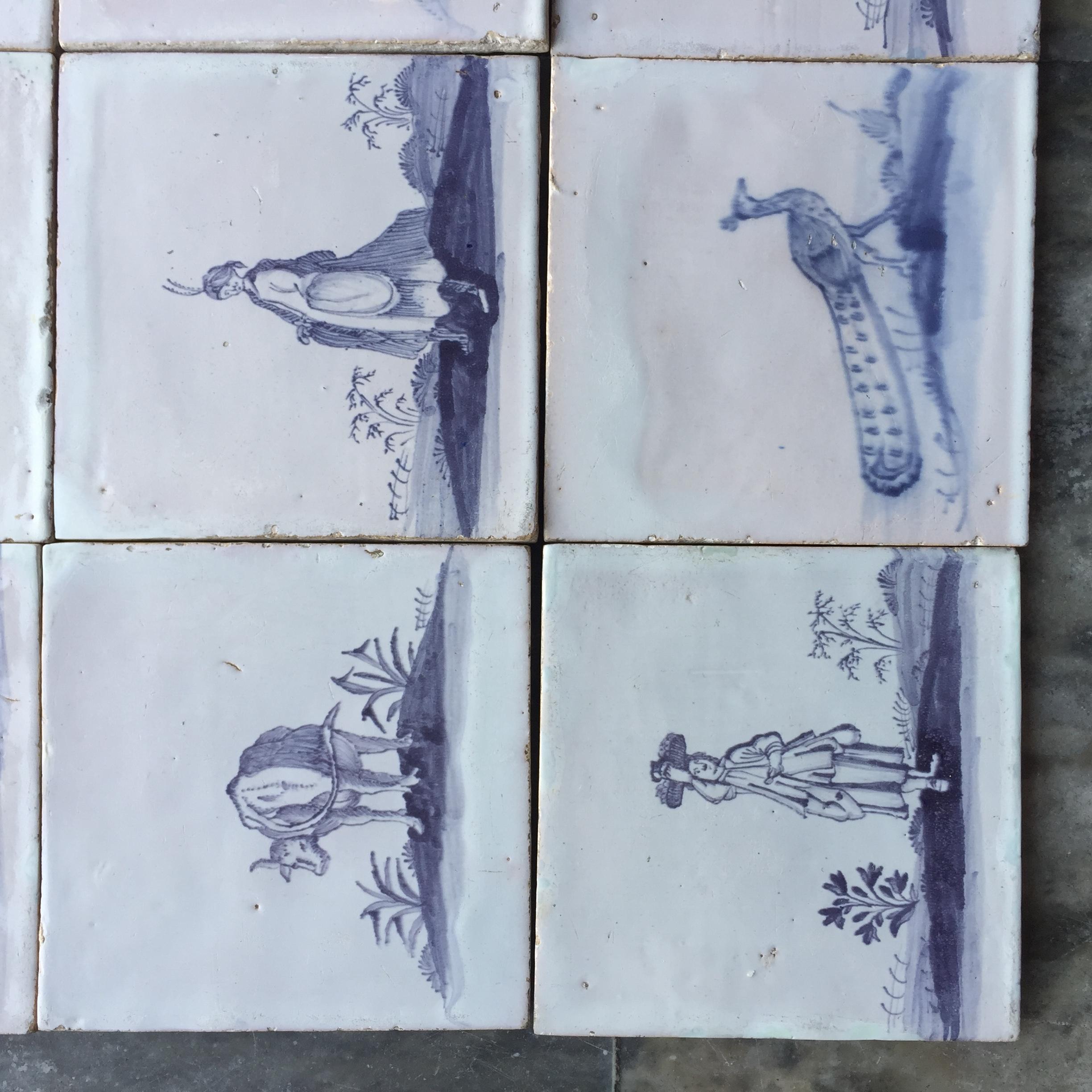 German Set of 16 Blue and White Delft Tiles with Animals and Figures, 18th Century For Sale