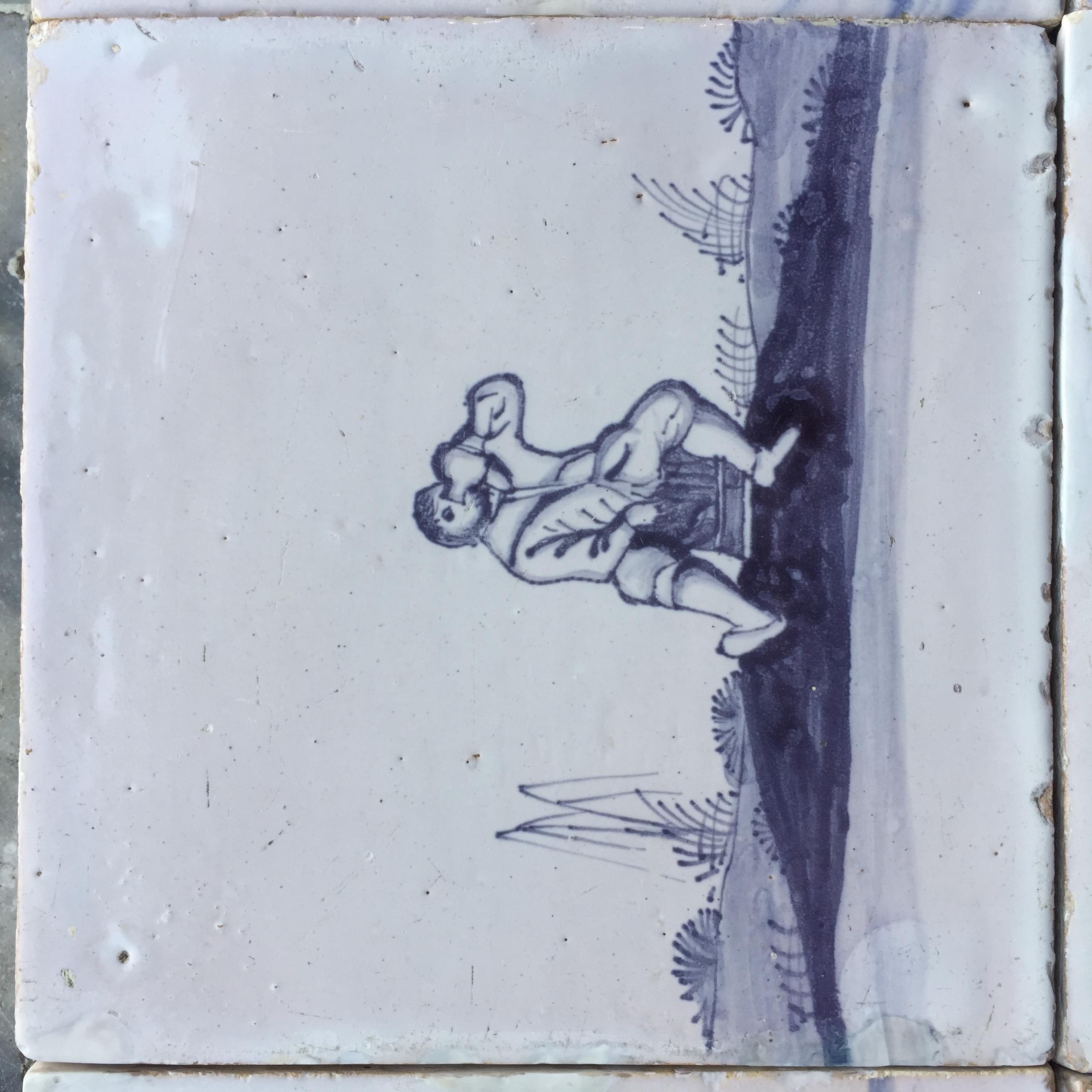 Set of 16 Blue and White Delft Tiles with Animals and Figures, 18th Century For Sale 2