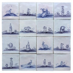 Vintage Set of 16 Blue and White Delft Tiles with Animals and Figures, 18th Century