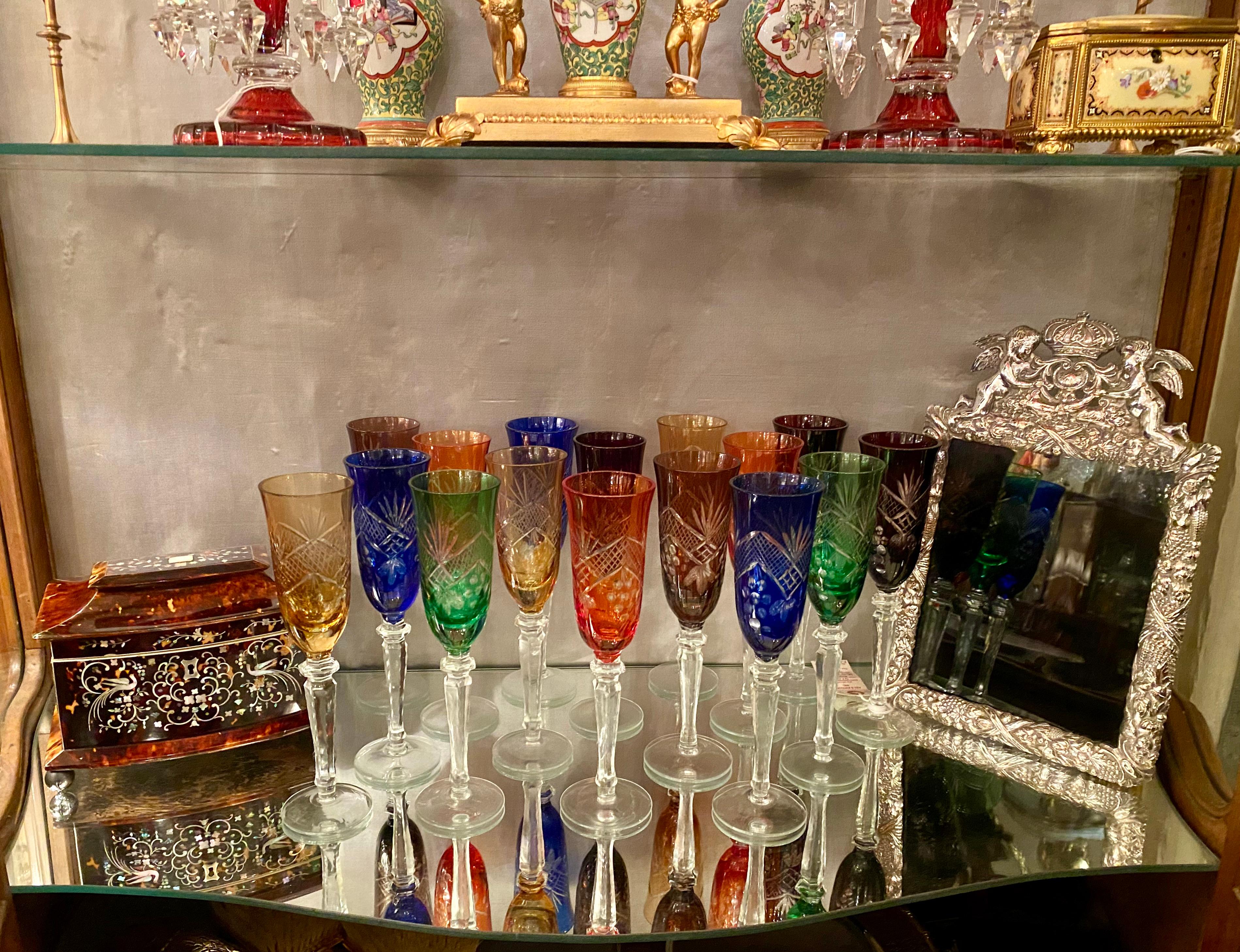 Czech Set of 16 Bohemian Multi-Colored Cut to Clear Glass Champagne Goblets