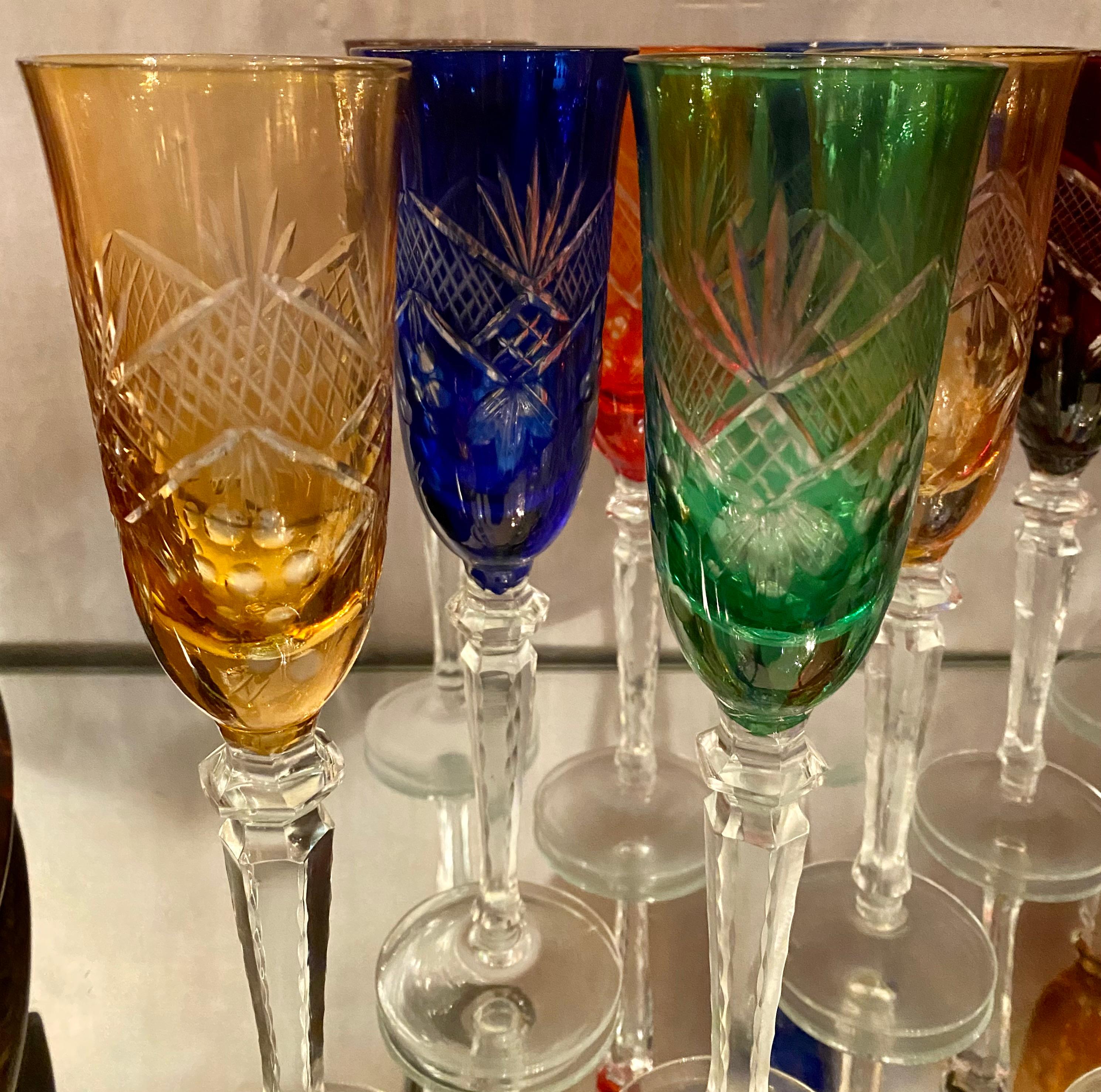 Set of 16 Bohemian Multi-Colored Cut to Clear Glass Champagne Goblets In Good Condition In New Orleans, LA