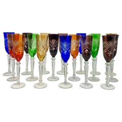 Set of 16 Bohemian Multi-Colored Cut to Clear Glass Goblets