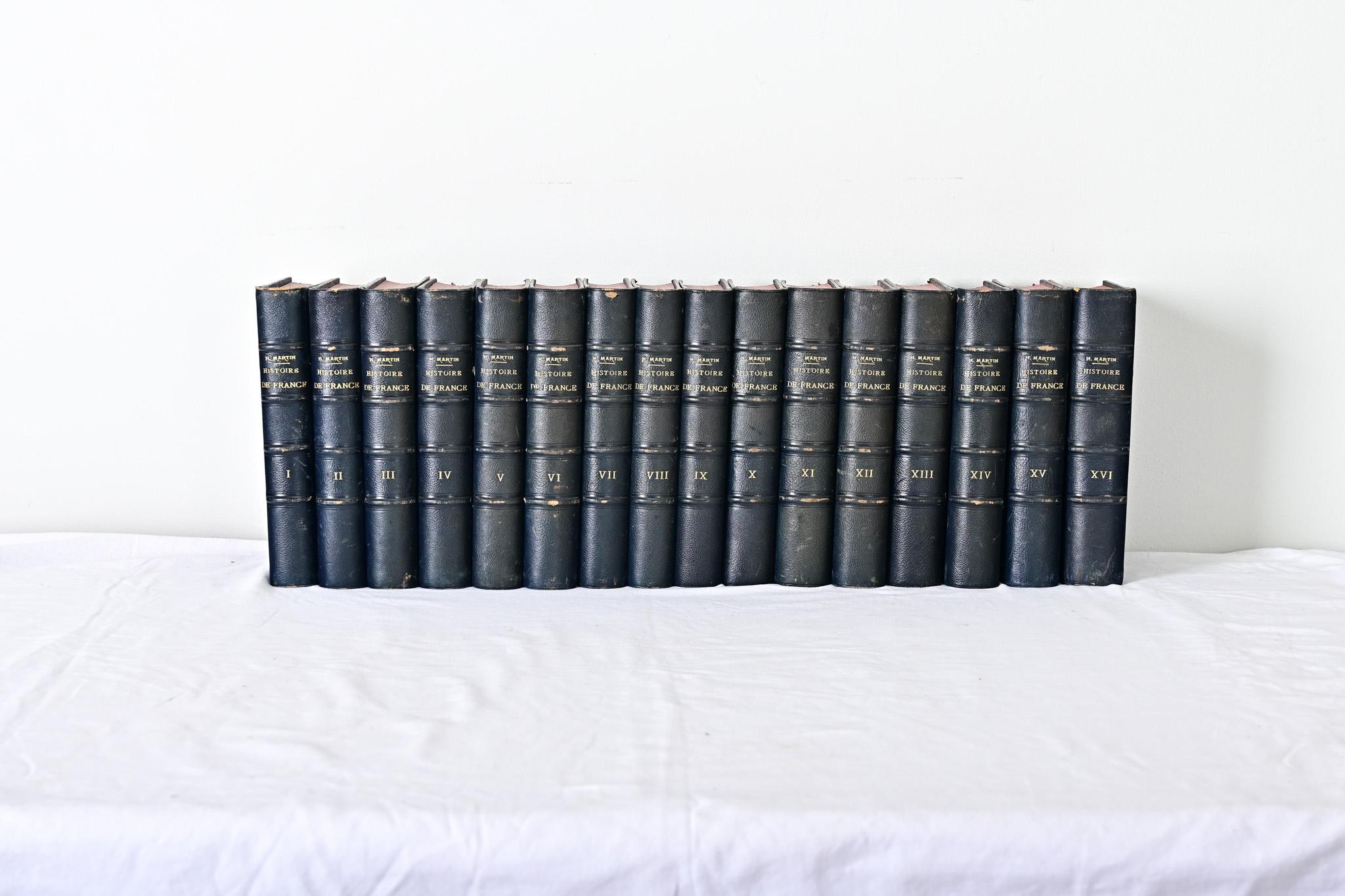 Rare set of sixteen (16) French books on the History of France by Heni Martin, printed in 1861, the 4th edition since the project was initially published in 1844. Leather hardcovers over gorgeous marbled endpapers, and gilt titles, condition as