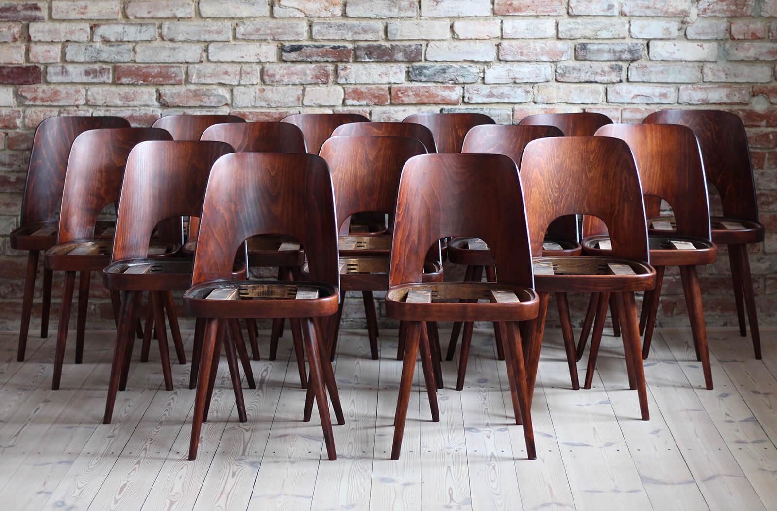 This set of 16 vintage dining chairs was designed by Oswald Haerdtl in the 1950s, famous Austrian designer - together with Mr. Josef Hoffmann he designed the cafe terrace at the Vienna Werkbund Exhibition of 1930, where they designed every little